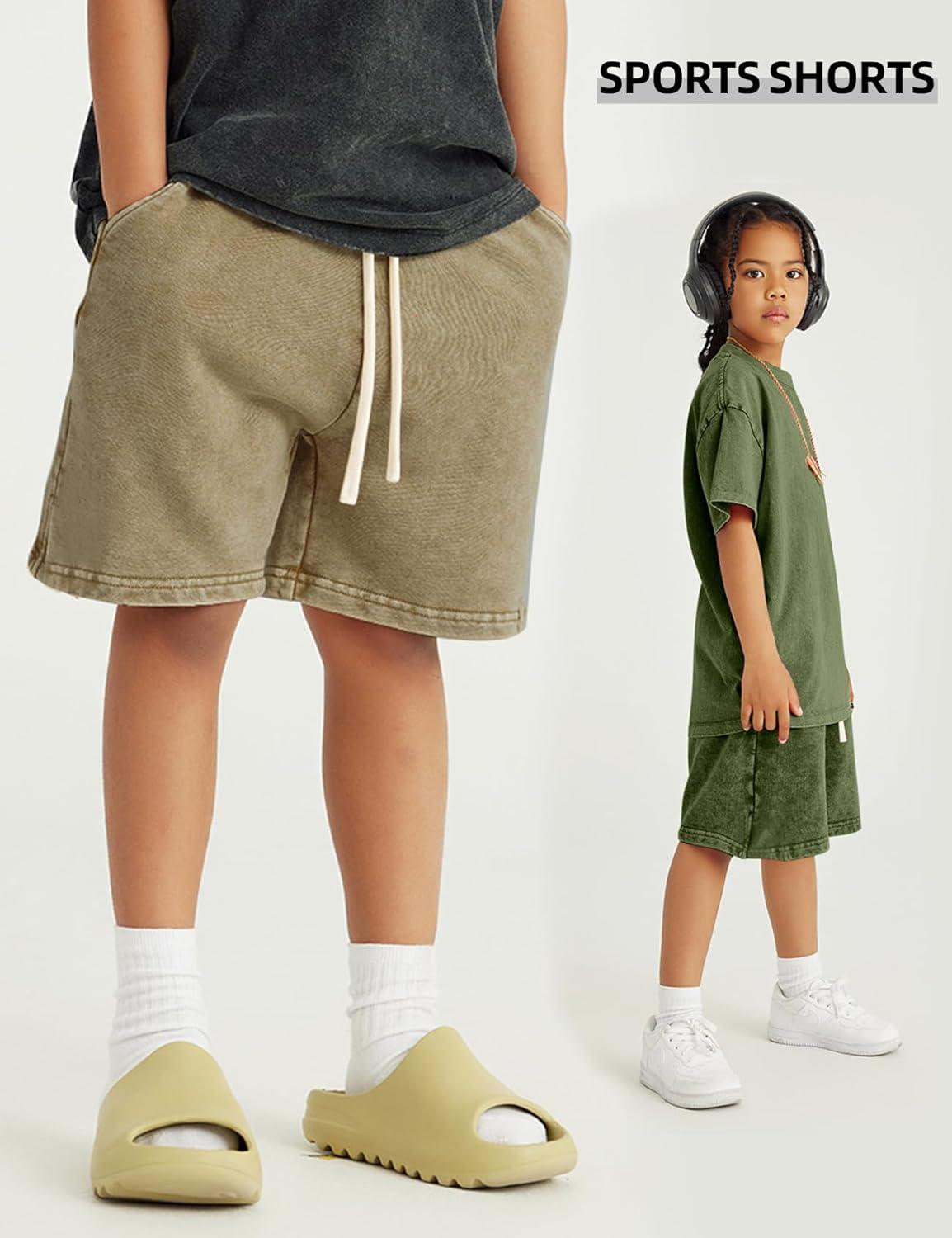Arssm 2 Pack Boys Shorts Cotton Acid Washed Athletic Shorts Kids Summer Active Shorts with Pockets(Khaki+army)