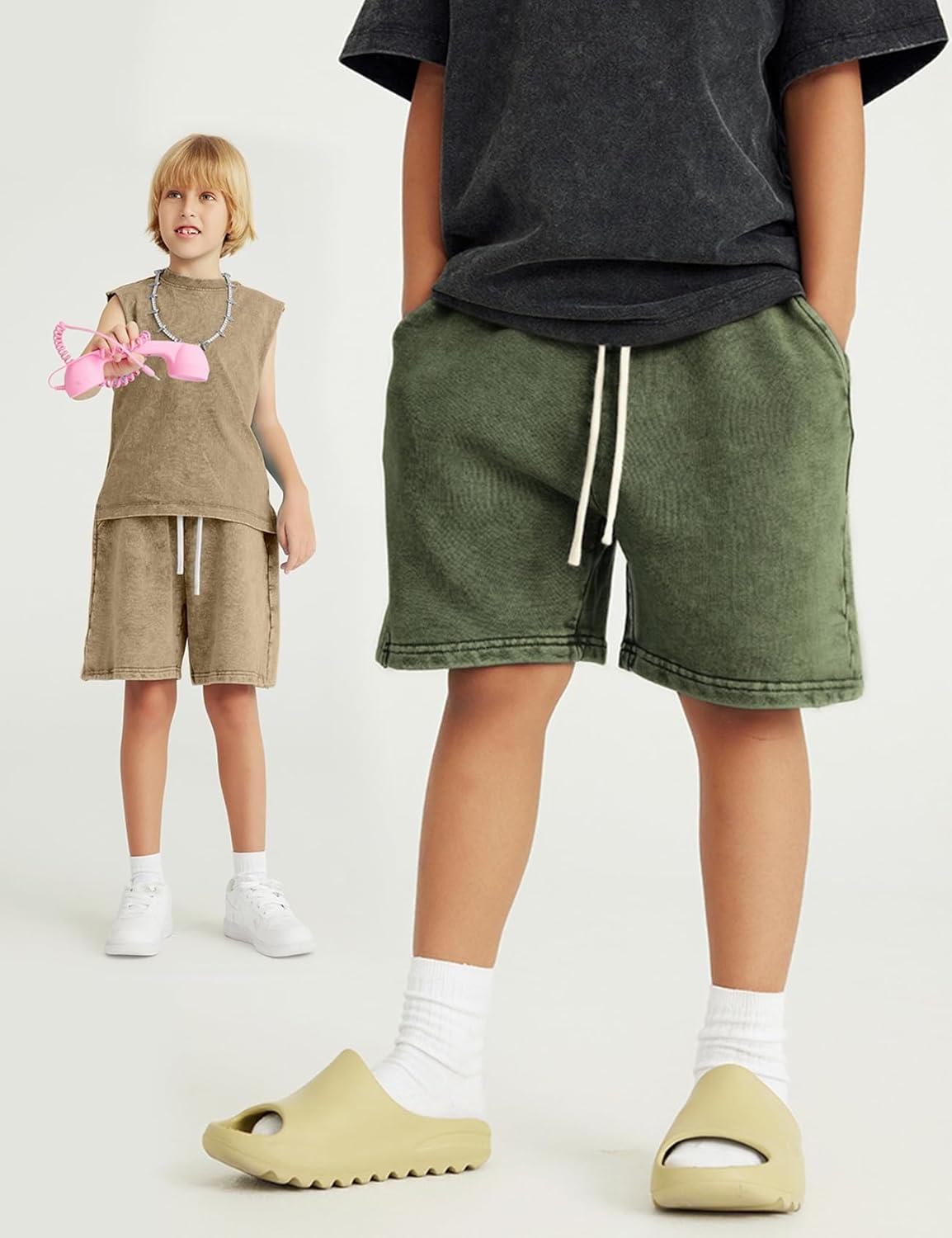 Arssm 2 Pack Boys Shorts Cotton Acid Washed Athletic Shorts Kids Summer Active Shorts with Pockets(Khaki+army)