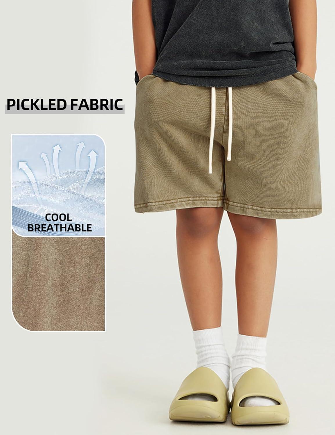 Arssm 2 Pack Boys Shorts Cotton Acid Washed Athletic Shorts Kids Summer Active Shorts with Pockets(Khaki+army)