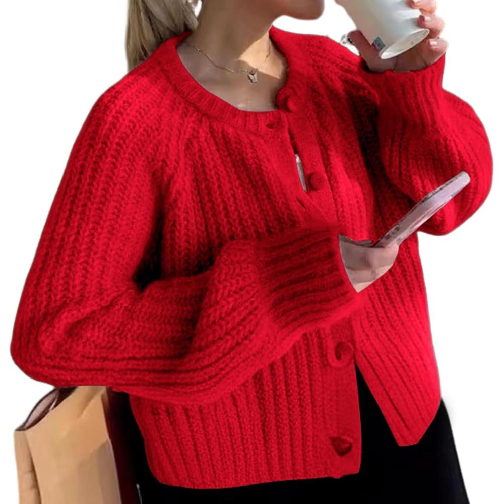 Arssm Womens Cute Cardigan Sweater Long Sleeve Crewneck Button Down Cardigans Knit Top Fashion 2024 Knitwear(Red)