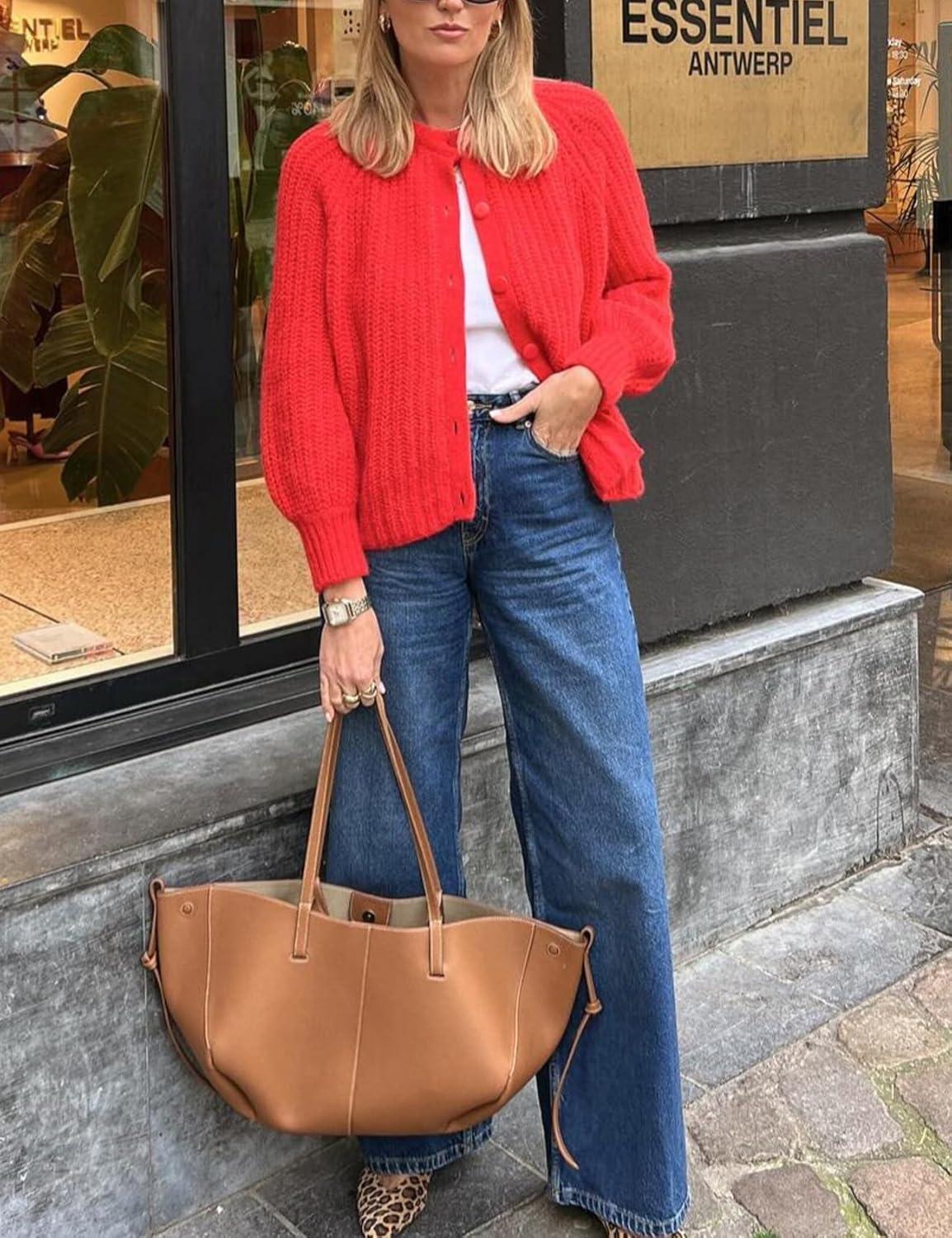 Arssm Womens Cute Cardigan Sweater Long Sleeve Crewneck Button Down Cardigans Knit Top Fashion 2024 Knitwear(Red)