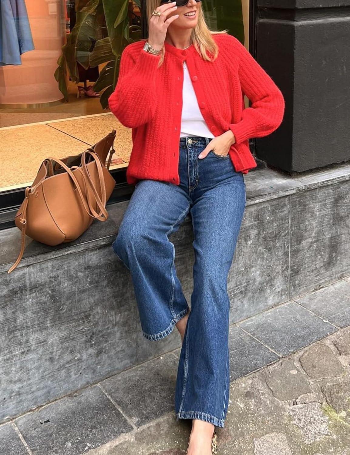 Arssm Womens Cute Cardigan Sweater Long Sleeve Crewneck Button Down Cardigans Knit Top Fashion 2024 Knitwear(Red)