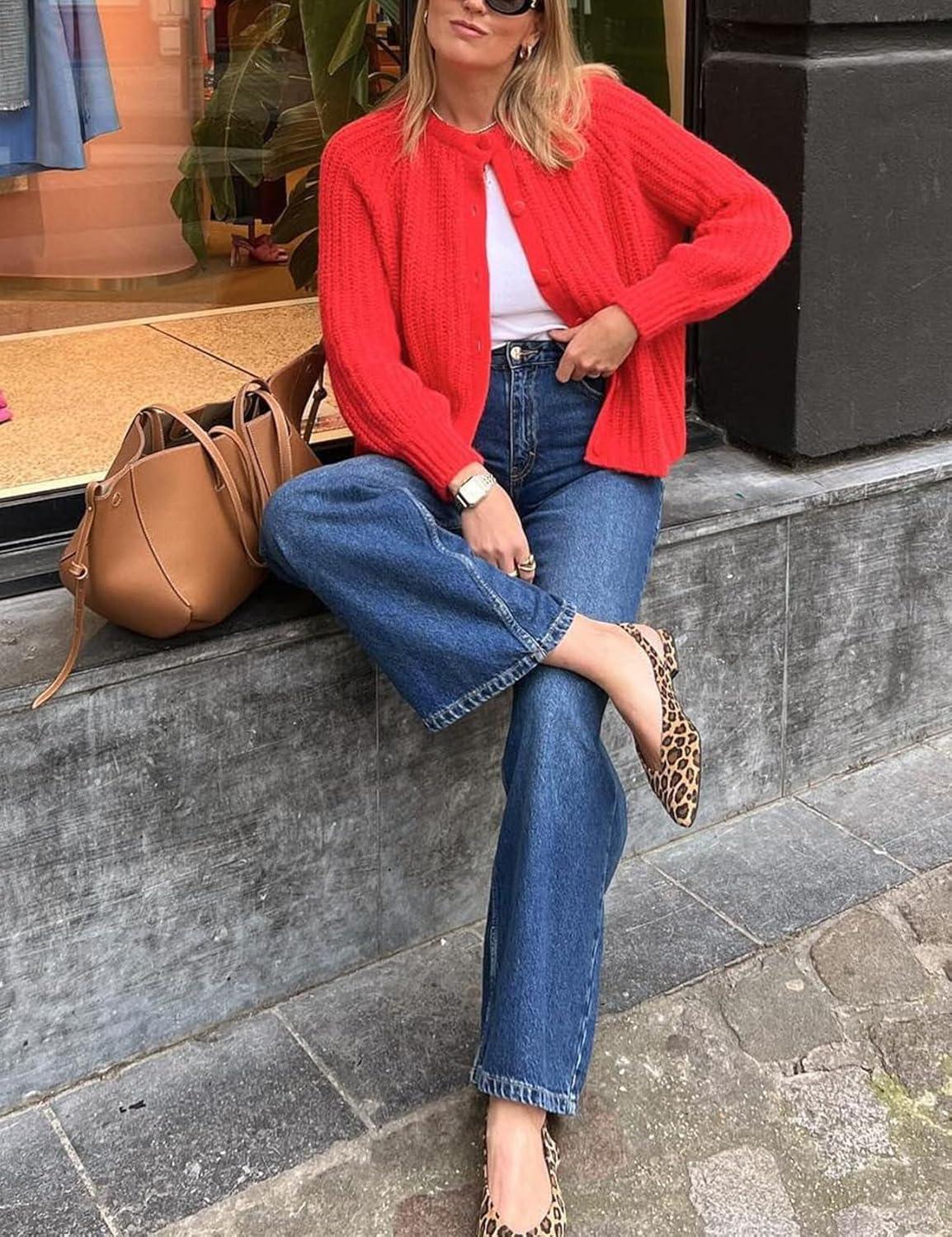 Arssm Womens Cute Cardigan Sweater Long Sleeve Crewneck Button Down Cardigans Knit Top Fashion 2024 Knitwear(Red)