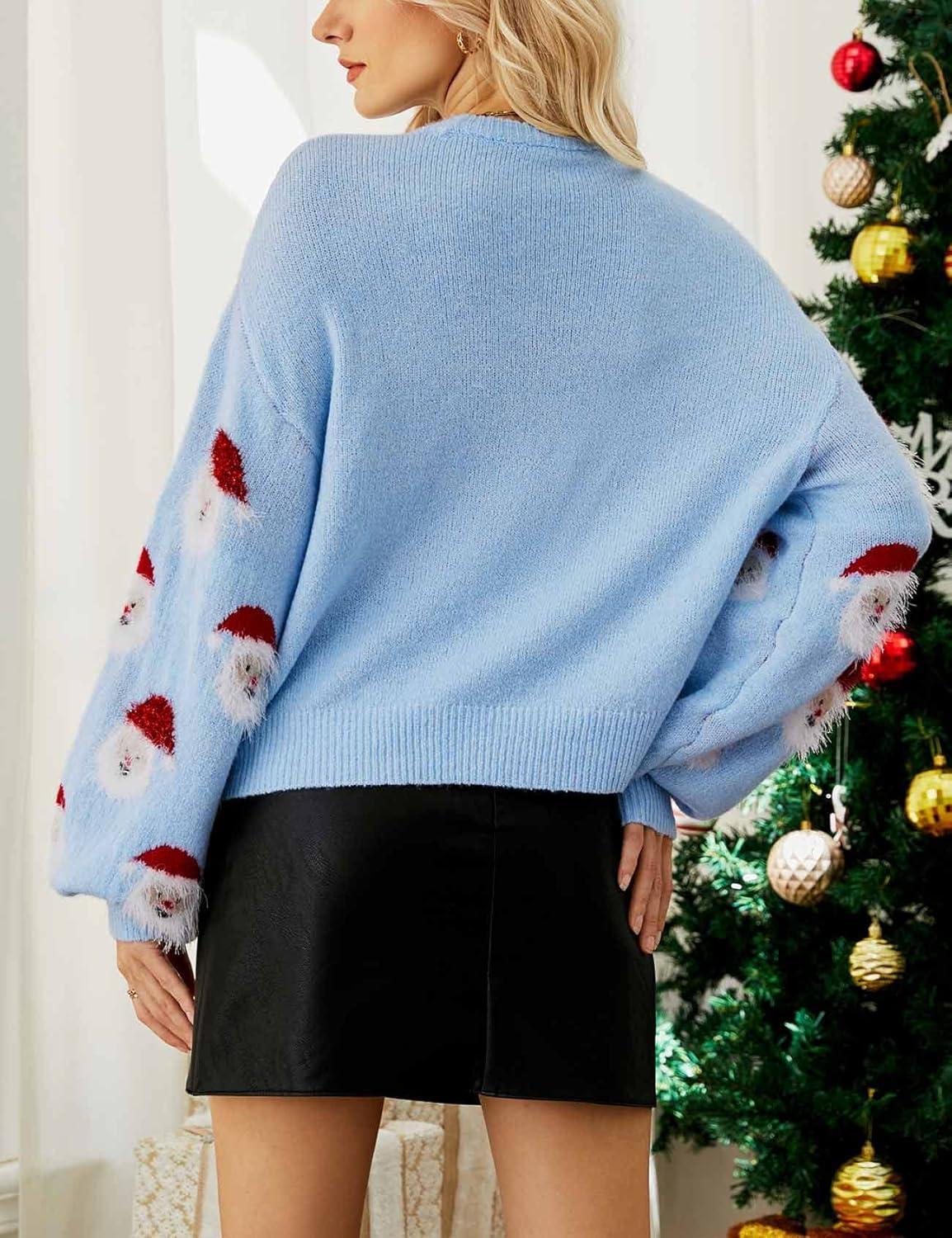 Arssm Women Santa Sweater Ugly Christmas Sweater Funny Xmas Holiday Party Knitted Cozy Pullover Sweatshirts Tops(Blue)