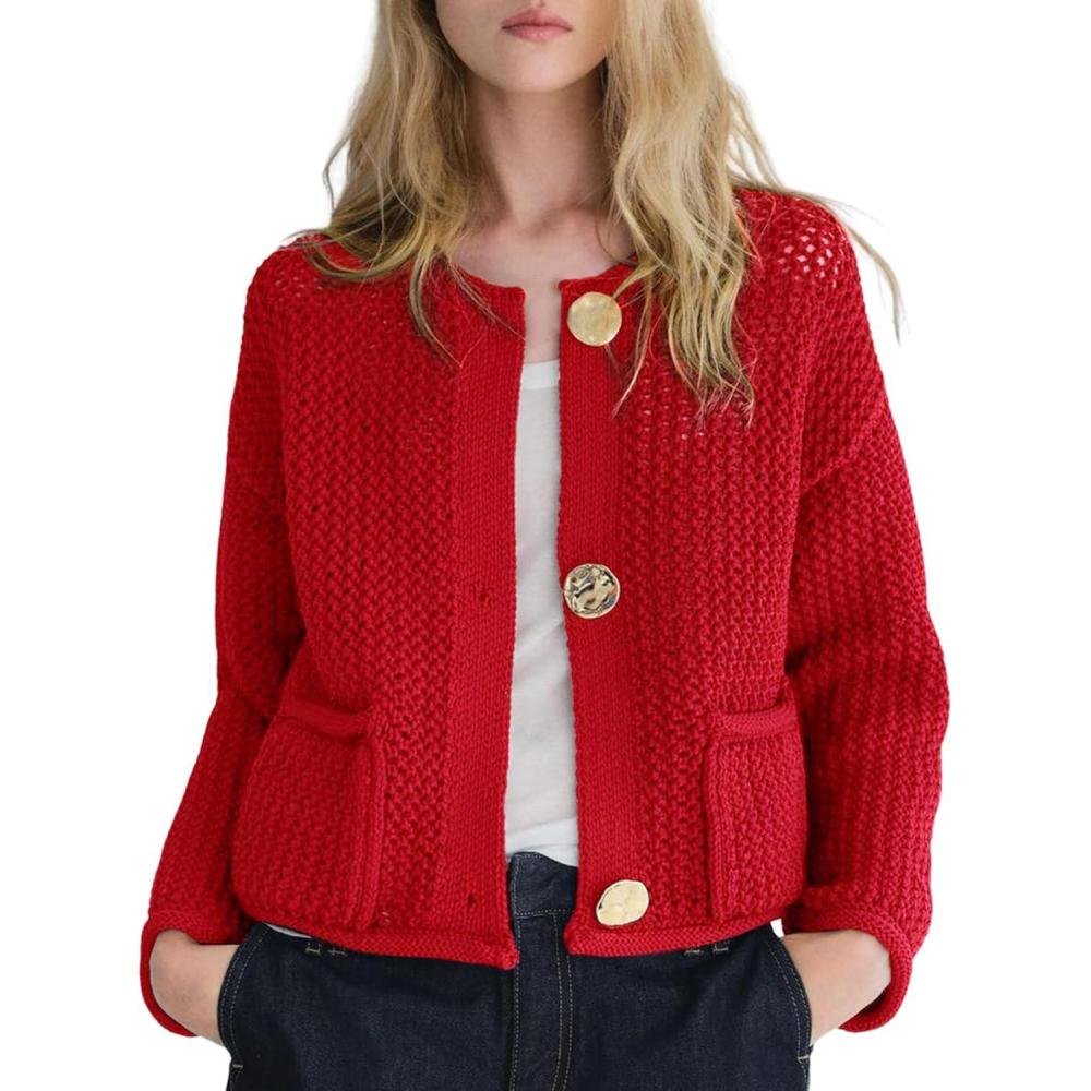 Arssm Womens Cardigan Sweaters 2024 V Neck Long Sleeve Sweater Button Down Knit Sweater Top with Pockets(Red)