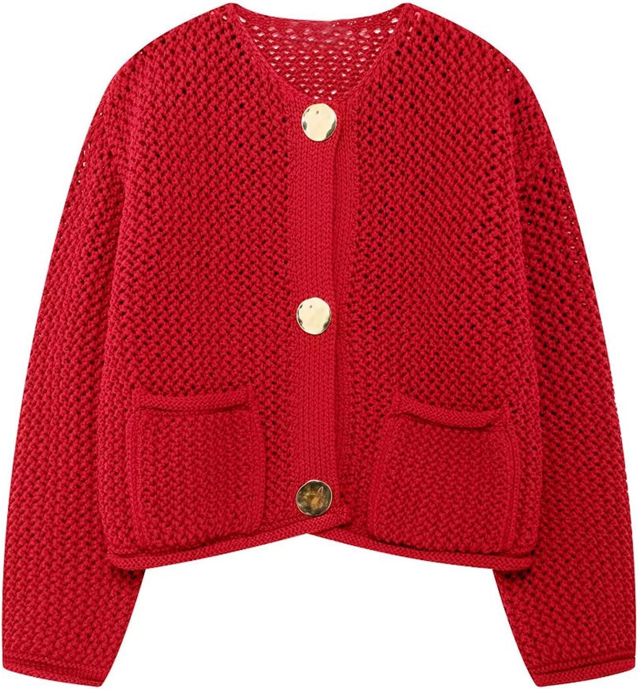 Arssm Womens Cardigan Sweaters 2024 V Neck Long Sleeve Sweater Button Down Knit Sweater Top with Pockets(Red)
