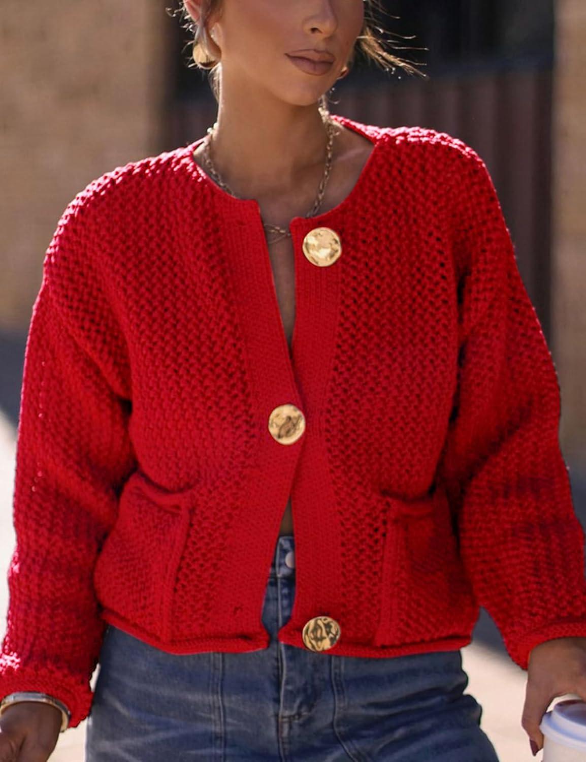Arssm Womens Cardigan Sweaters 2024 V Neck Long Sleeve Sweater Button Down Knit Sweater Top with Pockets(Red)