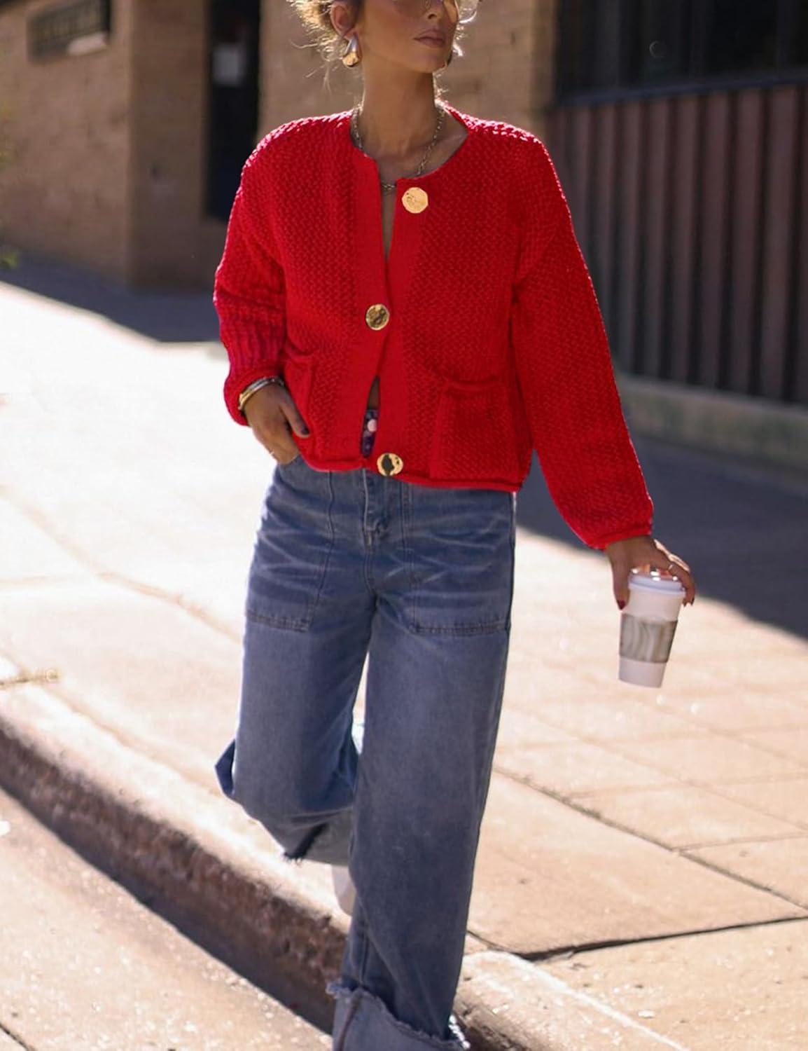 Arssm Womens Cardigan Sweaters 2024 V Neck Long Sleeve Sweater Button Down Knit Sweater Top with Pockets(Red)