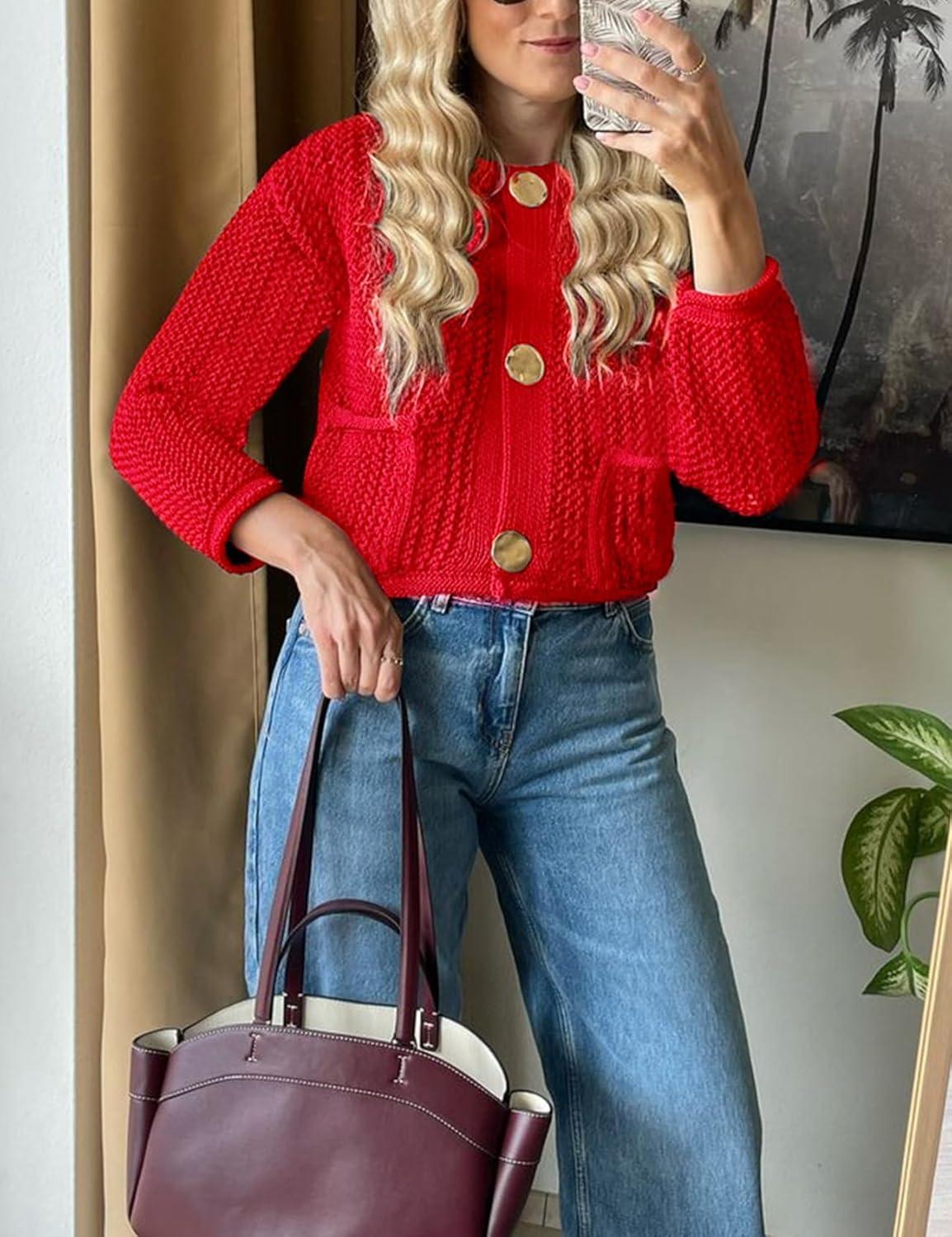 Arssm Womens Cardigan Sweaters 2024 V Neck Long Sleeve Sweater Button Down Knit Sweater Top with Pockets(Red)
