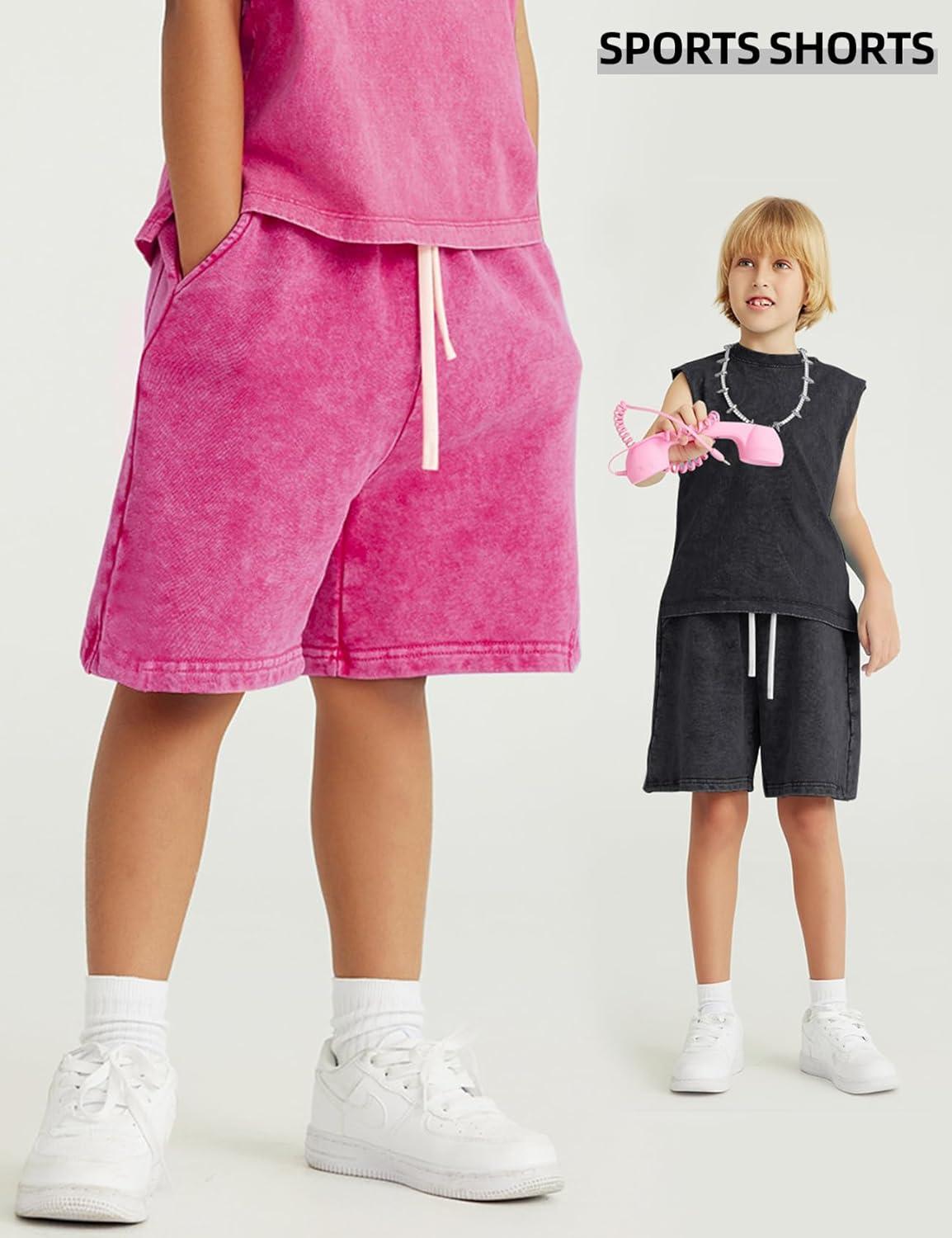 Arssm 2 Pack Boys Shorts Cotton Acid Washed Athletic Shorts Kids Summer Active Shorts with Pockets(Black+pink)