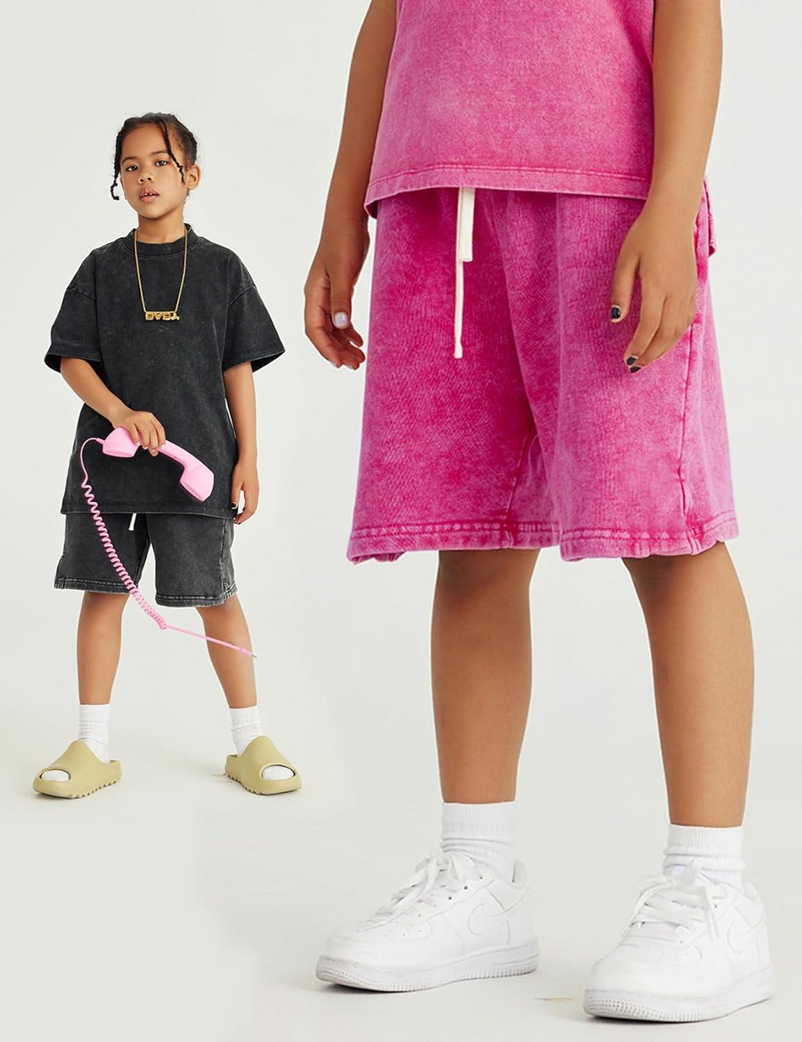 Arssm 2 Pack Boys Shorts Cotton Acid Washed Athletic Shorts Kids Summer Active Shorts with Pockets(Black+pink)