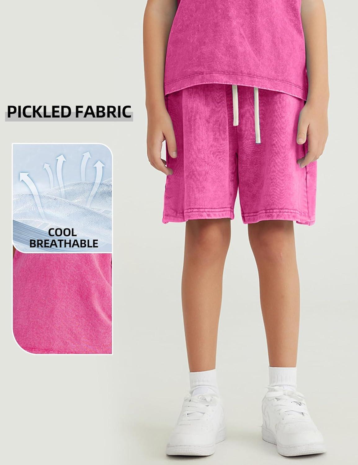 Arssm 2 Pack Boys Shorts Cotton Acid Washed Athletic Shorts Kids Summer Active Shorts with Pockets(Black+pink)