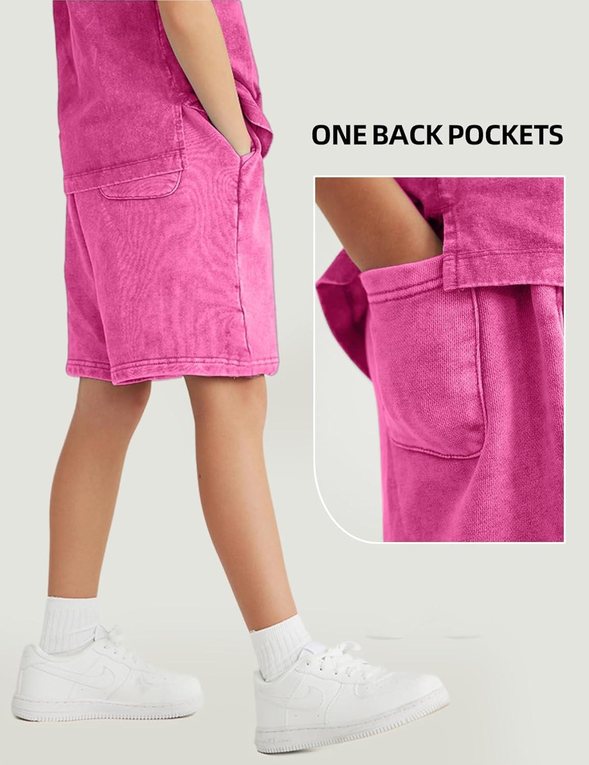 Arssm 2 Pack Boys Shorts Cotton Acid Washed Athletic Shorts Kids Summer Active Shorts with Pockets(Black+pink)