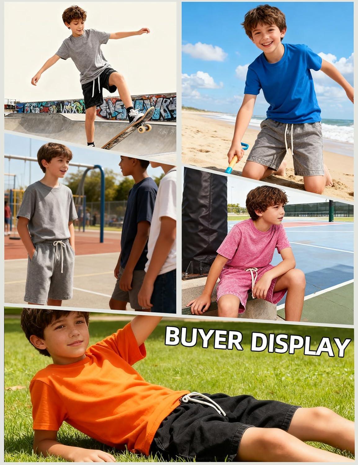 Arssm 2 Pack Boys Shorts Cotton Acid Washed Athletic Shorts Kids Summer Active Shorts with Pockets(Black+pink)