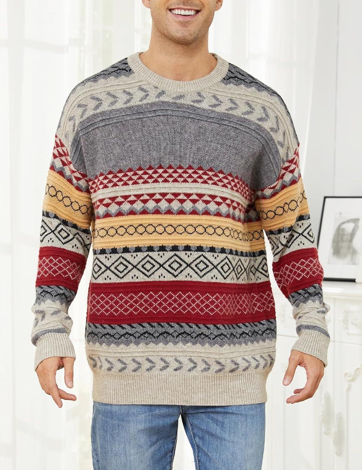 Arssm Mens Vintage Sweater Grandpa Oversized Cable Knit Crewneck Pullovers Casual Long Sleeve Striped Sweater(Red)