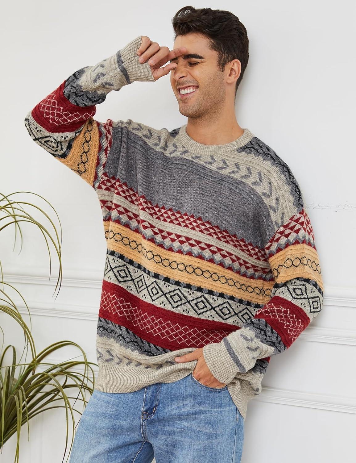Arssm Mens Vintage Sweater Grandpa Oversized Cable Knit Crewneck Pullovers Casual Long Sleeve Striped Sweater(Red)