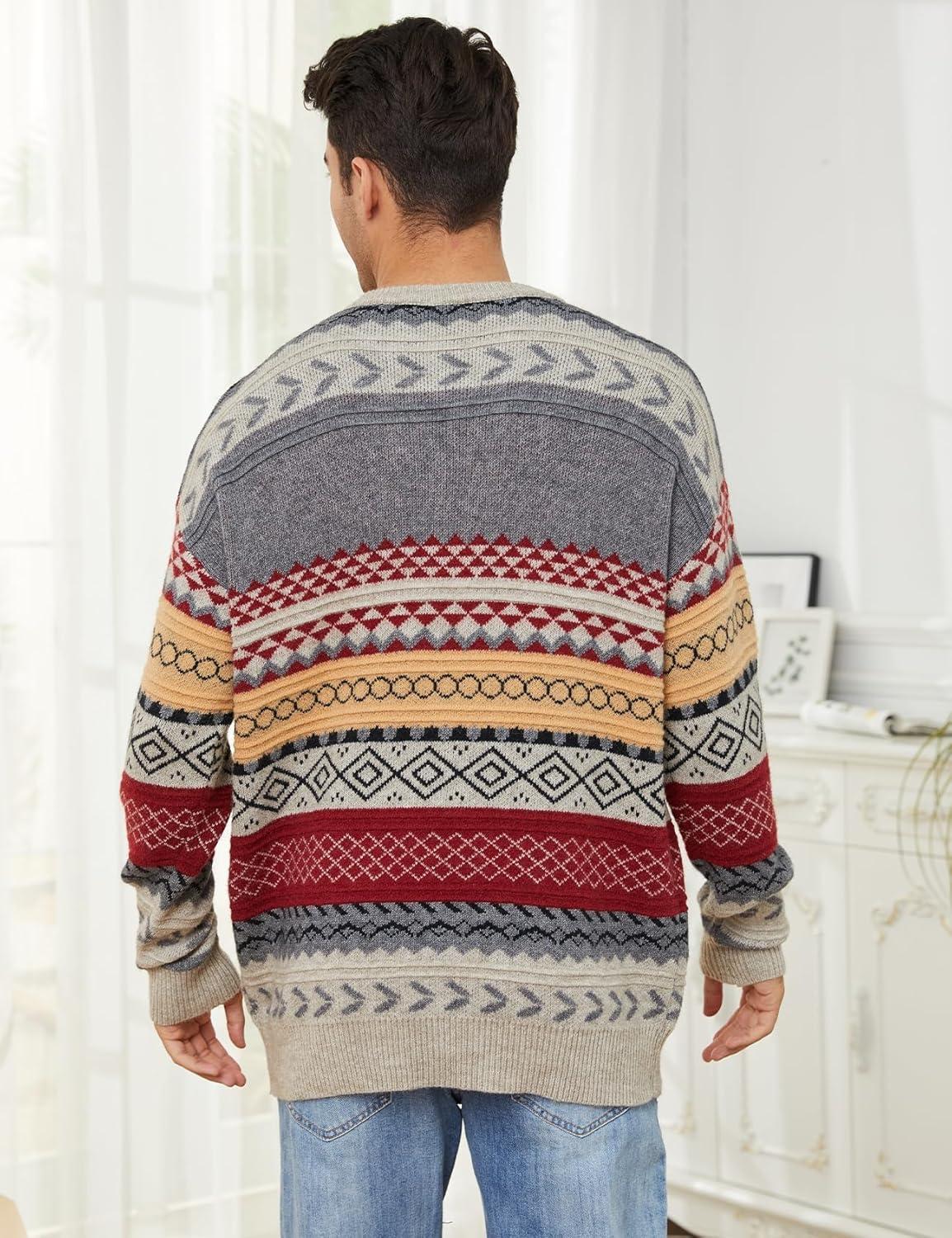 Arssm Mens Vintage Sweater Grandpa Oversized Cable Knit Crewneck Pullovers Casual Long Sleeve Striped Sweater(Red)