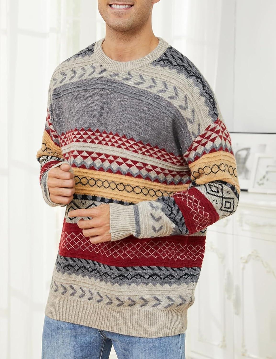 Arssm Mens Vintage Sweater Grandpa Oversized Cable Knit Crewneck Pullovers Casual Long Sleeve Striped Sweater(Red)
