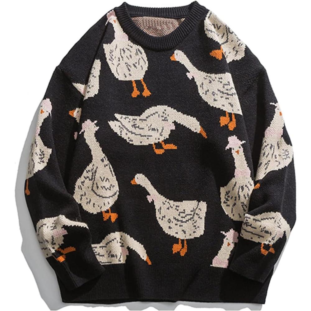 Arssm Mens Oversized Dinosaur Knit Pullover Sweater Fashion Cartoon Unisex Sweater Long Sleeve Crewneck Vintage Tops(Black)