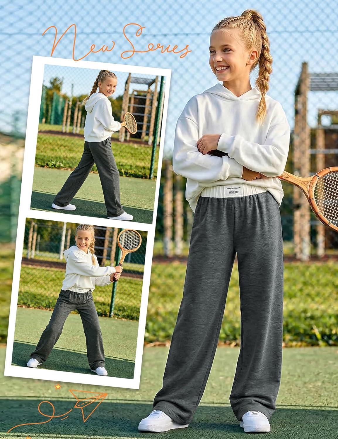 Arssm Girls Wide Leg Sweatpants Baggy Pants Letter Patched Elastic Waist Long Trousers Joggers(Darkgrey)