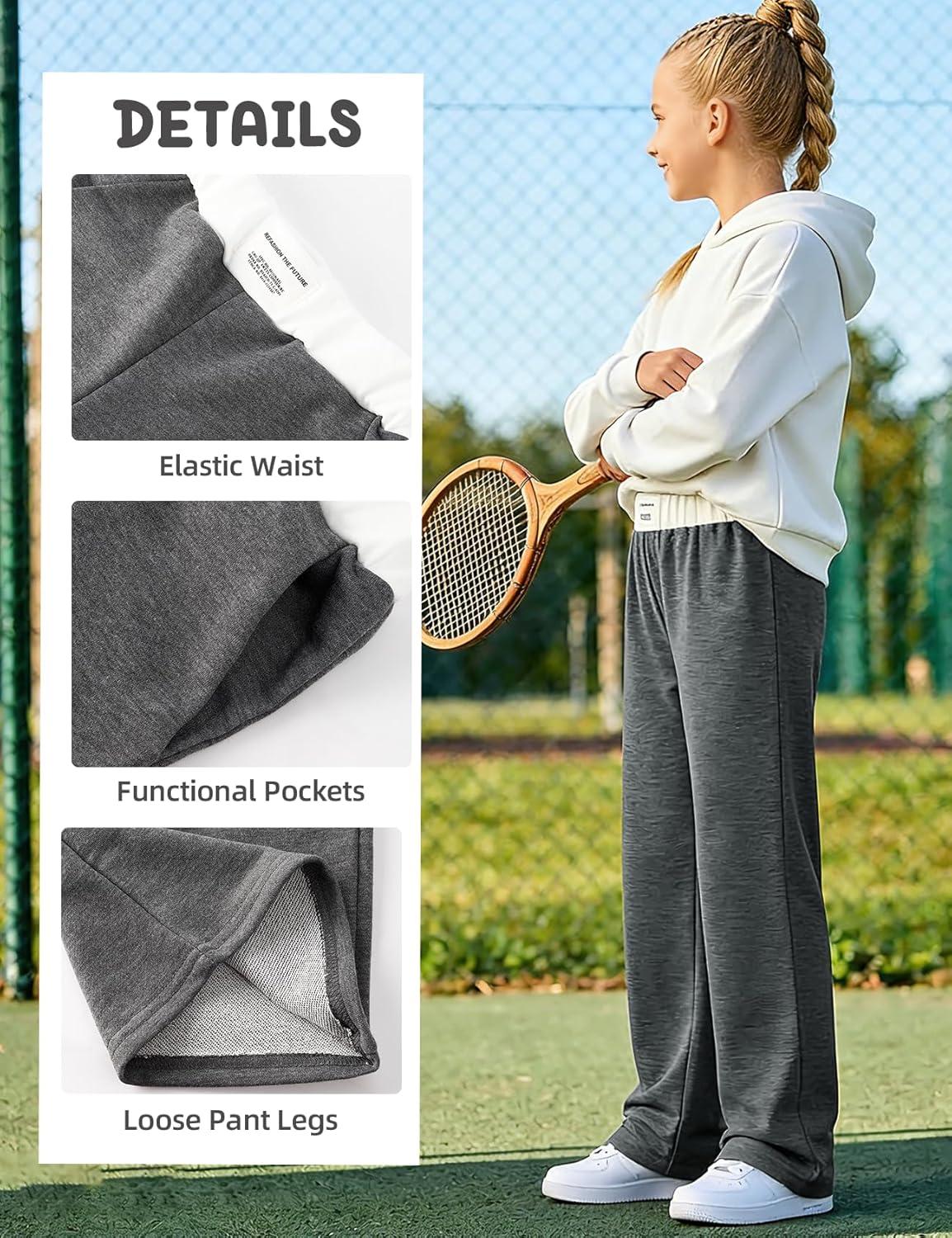 Arssm Girls Wide Leg Sweatpants Baggy Pants Letter Patched Elastic Waist Long Trousers Joggers(Darkgrey)