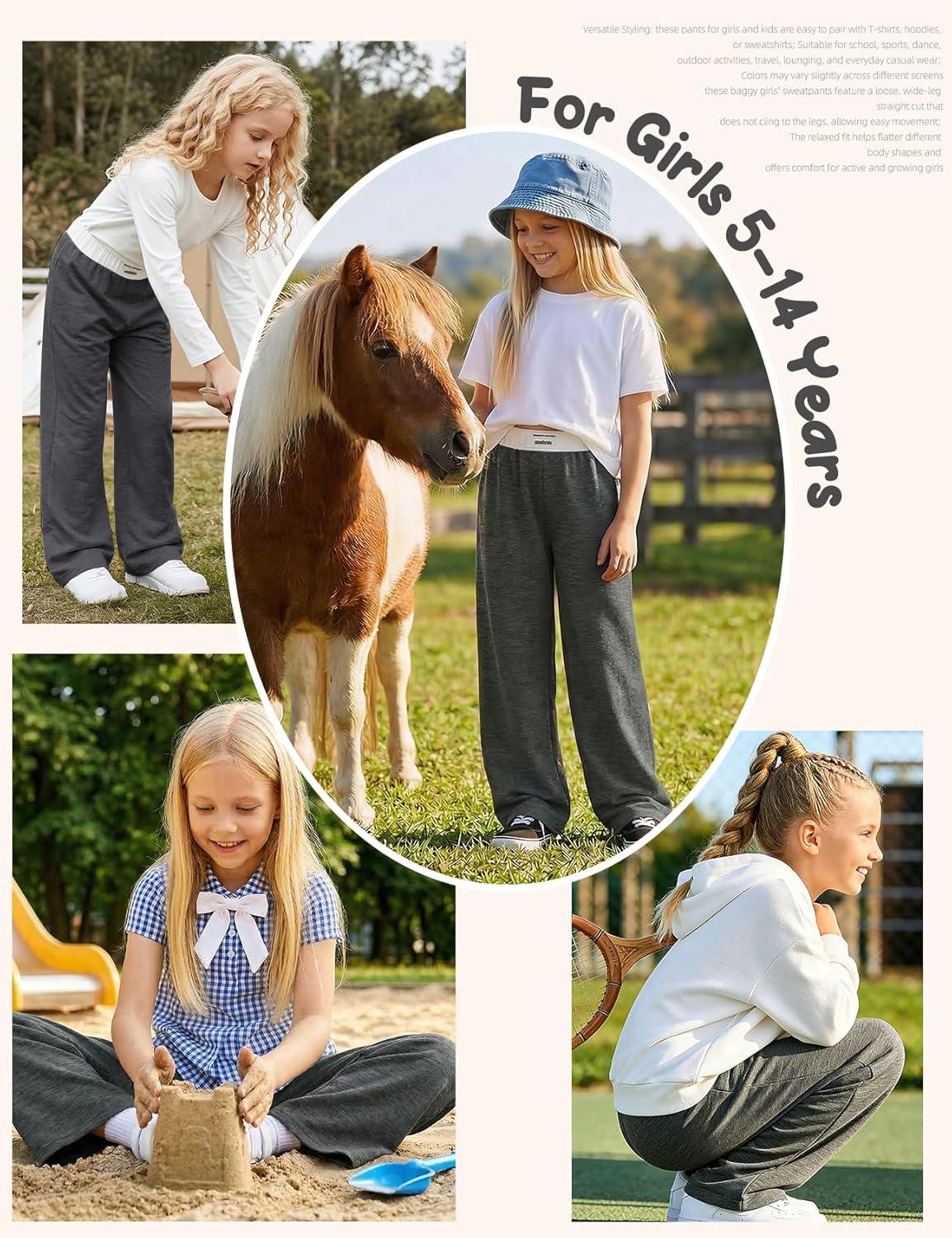 Arssm Girls Wide Leg Sweatpants Baggy Pants Letter Patched Elastic Waist Long Trousers Joggers(Darkgrey)