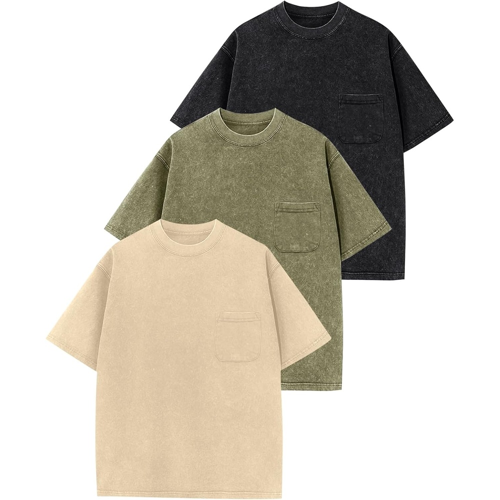 Arssm 3 Pack Boys Tshirts Kids Oversized T Shirts Cotton Acid Wash Crewneck Summer Basic Tees(Black+army+apricot)