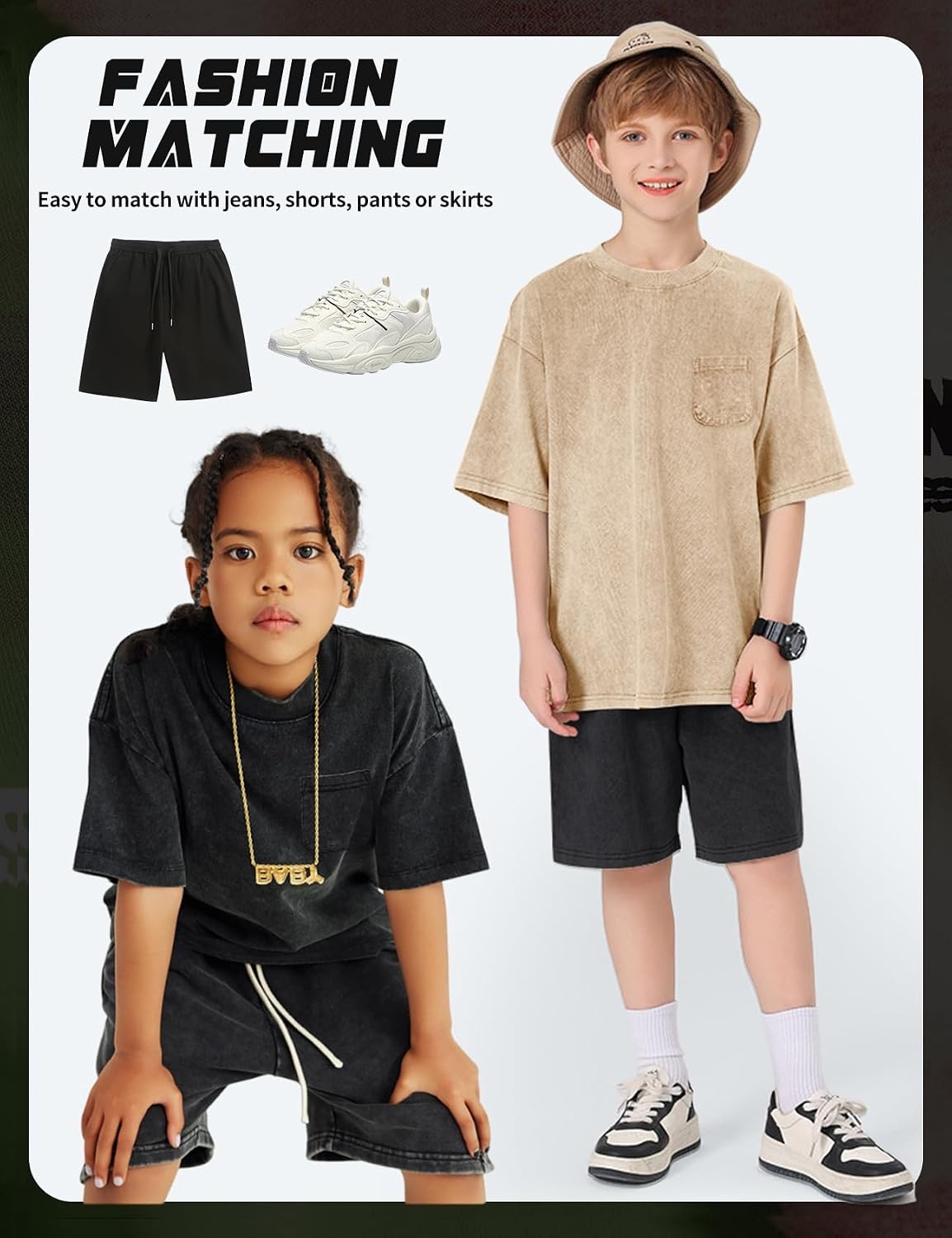 Arssm 3 Pack Boys Tshirts Kids Oversized T Shirts Cotton Acid Wash Crewneck Summer Basic Tees(Black+army+apricot)
