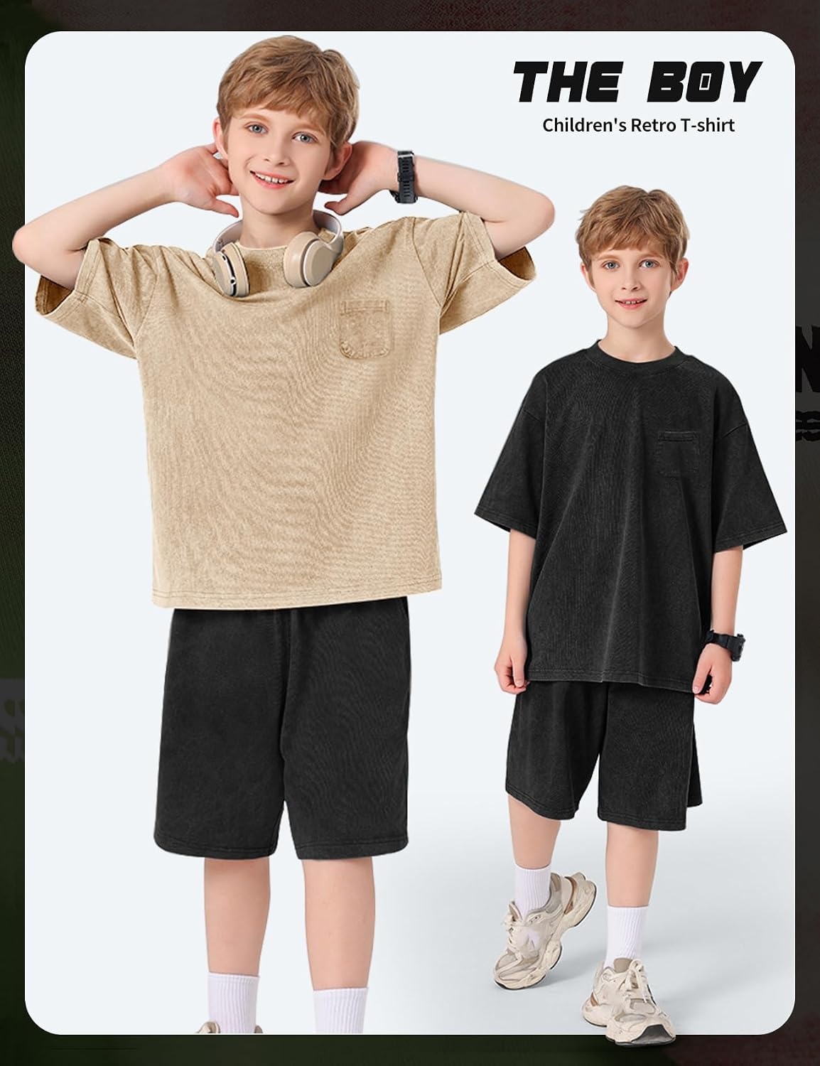 Arssm 3 Pack Boys Tshirts Kids Oversized T Shirts Cotton Acid Wash Crewneck Summer Basic Tees(Black+army+apricot)
