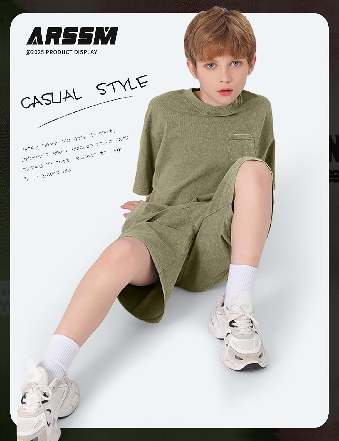 Arssm 3 Pack Boys Tshirts Kids Oversized T Shirts Cotton Acid Wash Crewneck Summer Basic Tees(Black+army+apricot)