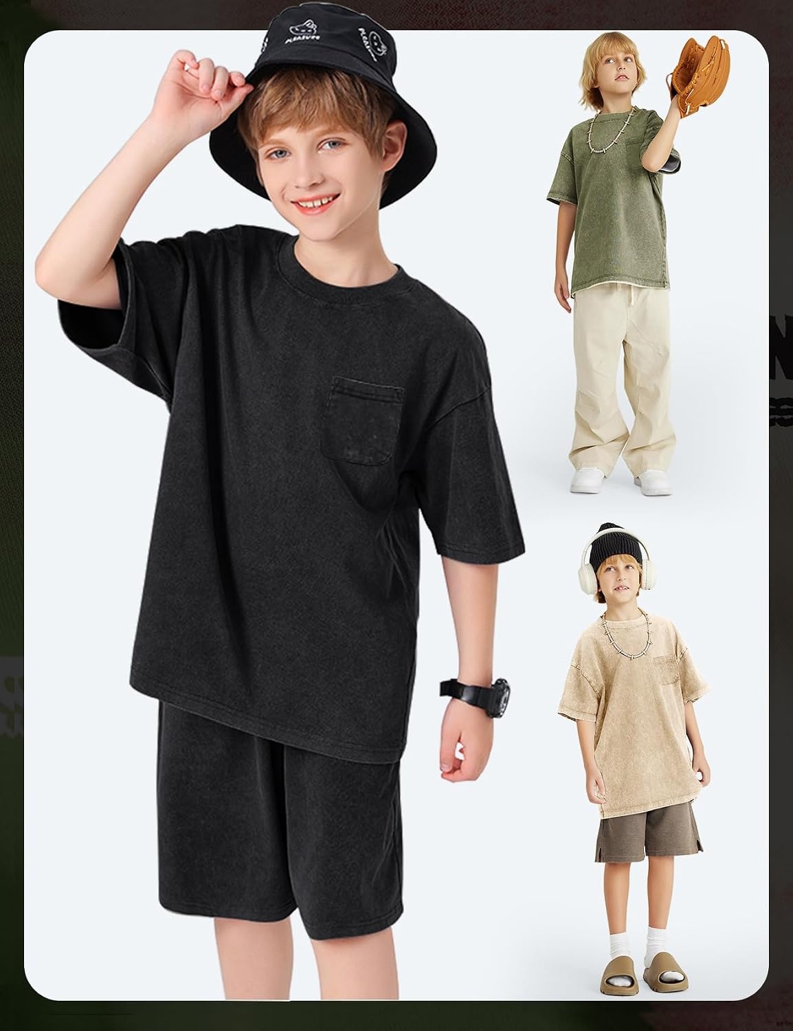 Arssm 3 Pack Boys Tshirts Kids Oversized T Shirts Cotton Acid Wash Crewneck Summer Basic Tees(Black+army+apricot)