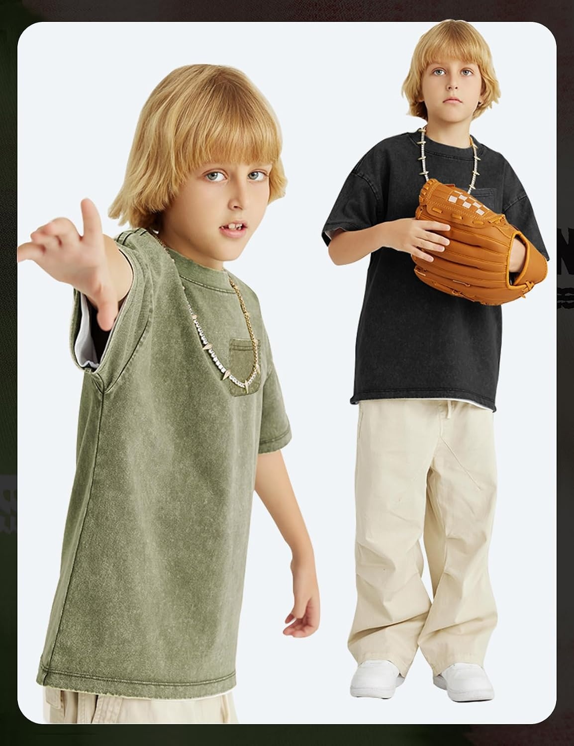 Arssm 3 Pack Boys Tshirts Kids Oversized T Shirts Cotton Acid Wash Crewneck Summer Basic Tees(Black+army+apricot)