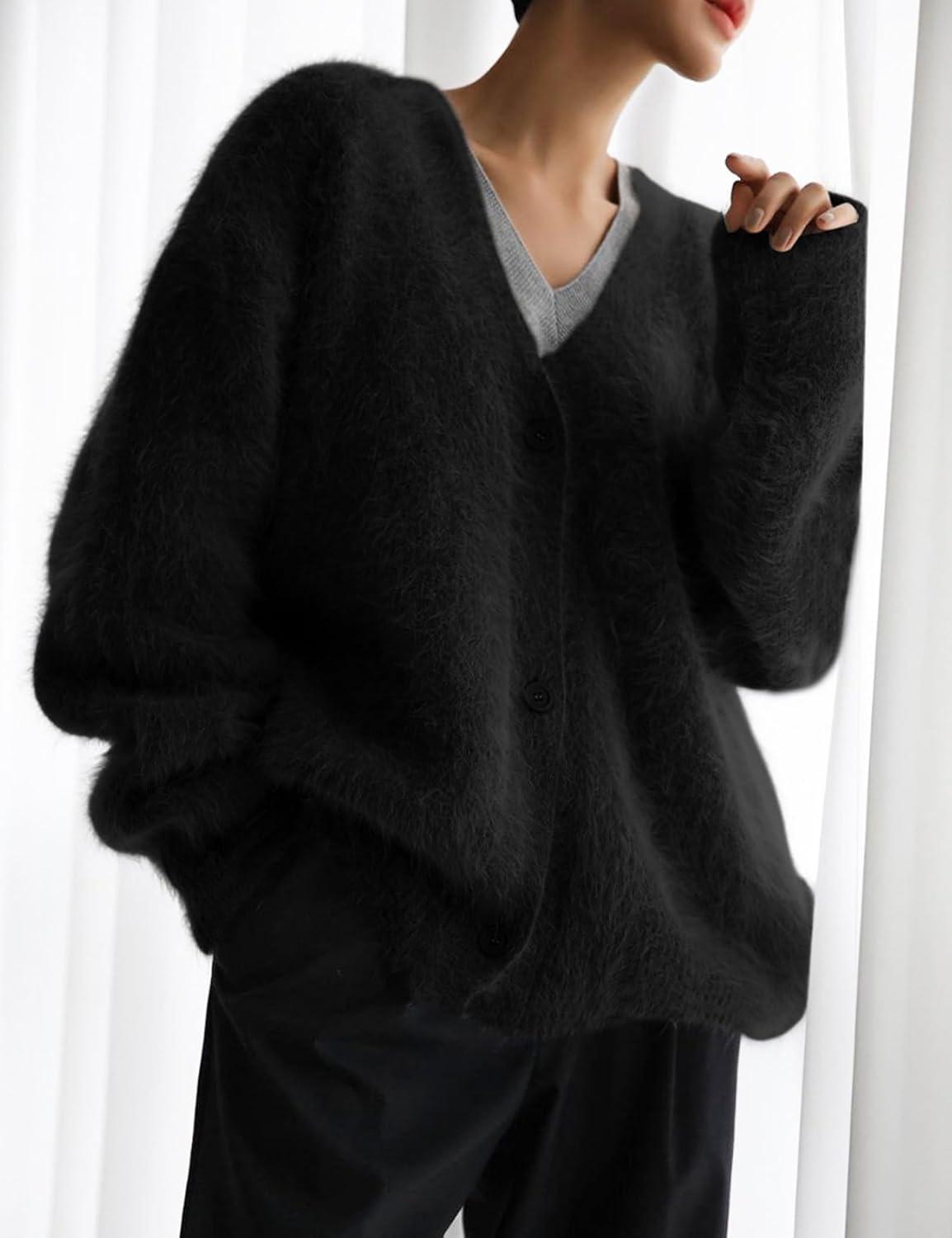 Arssm Womens Fuzzy Cardigan Sweater V Neck Cardigans Button Down Fluffy Knit Top Fashion 2026 Knitwear(Black)
