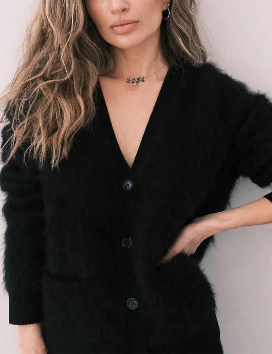 Arssm Womens Fuzzy Cardigan Sweater V Neck Cardigans Button Down Fluffy Knit Top Fashion 2026 Knitwear(Black)