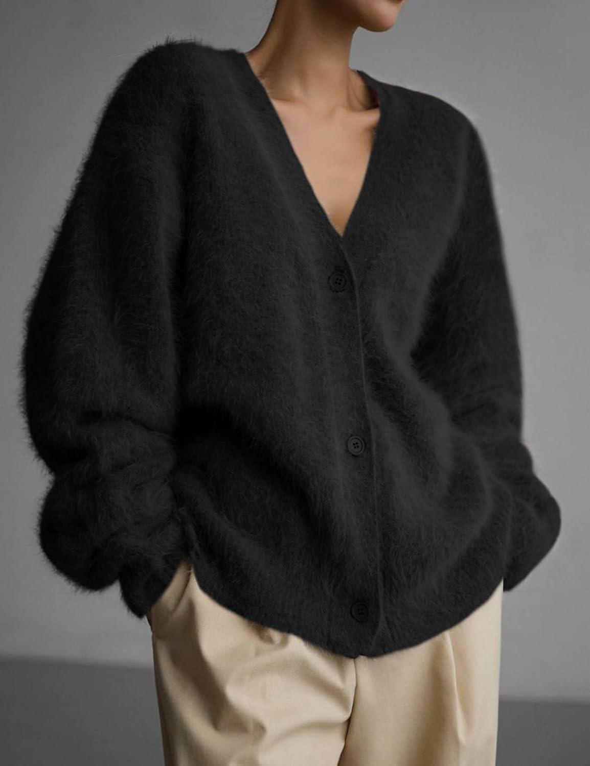 Arssm Womens Fuzzy Cardigan Sweater V Neck Cardigans Button Down Fluffy Knit Top Fashion 2026 Knitwear(Black)