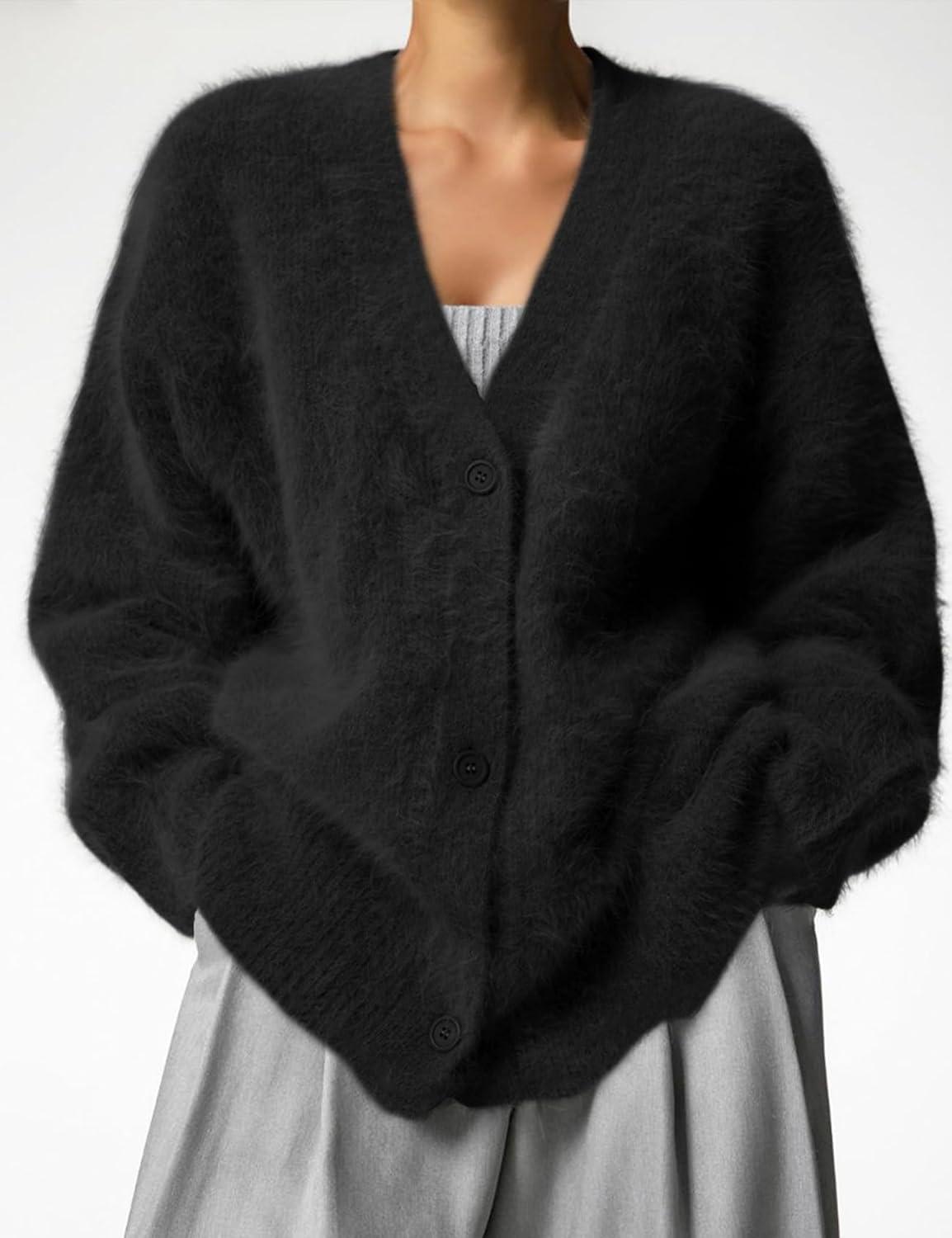 Arssm Womens Fuzzy Cardigan Sweater V Neck Cardigans Button Down Fluffy Knit Top Fashion 2026 Knitwear(Black)