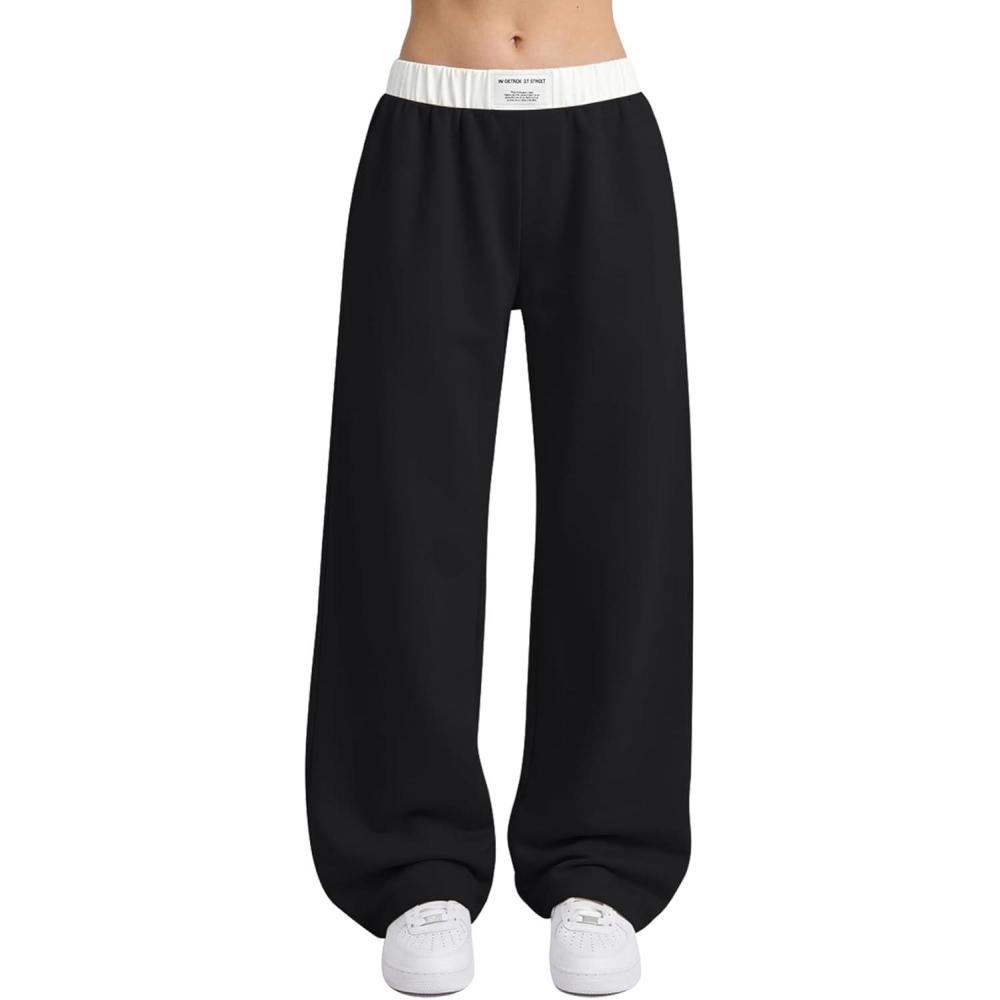 Arssm Girls Wide Leg Sweatpants Baggy Pants Letter Patched Elastic Waist Long Trousers Joggers(Black)