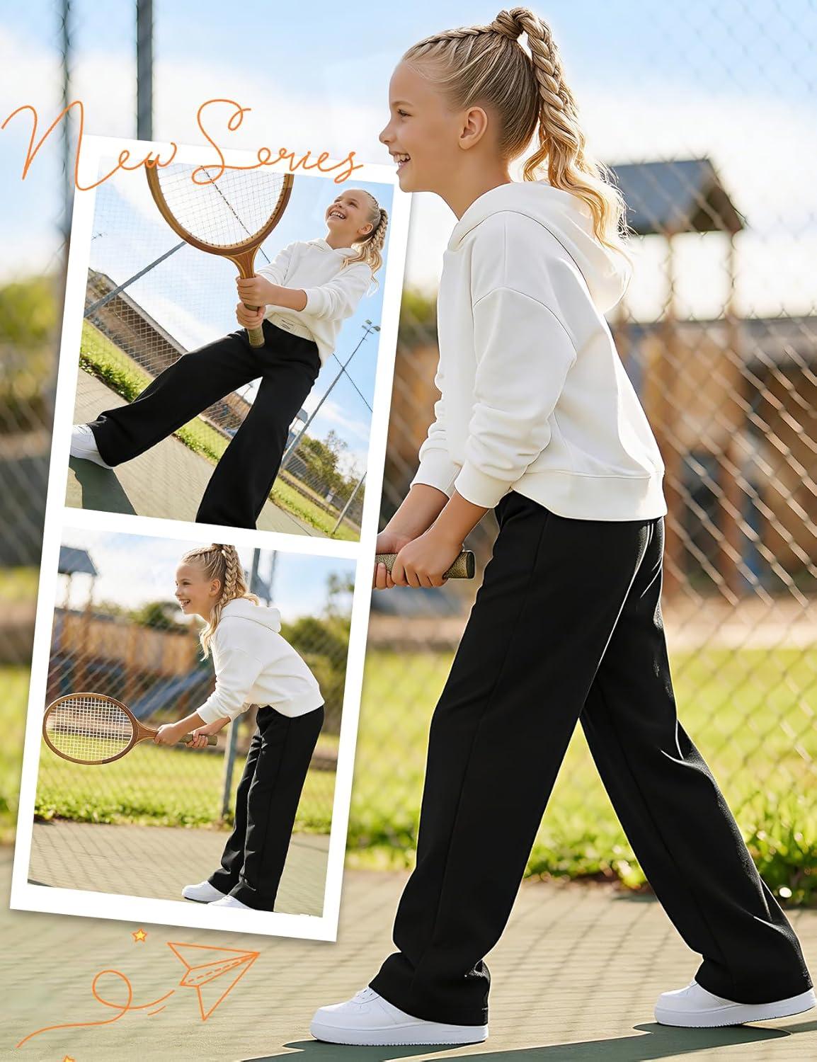 Arssm Girls Wide Leg Sweatpants Baggy Pants Letter Patched Elastic Waist Long Trousers Joggers(Black)
