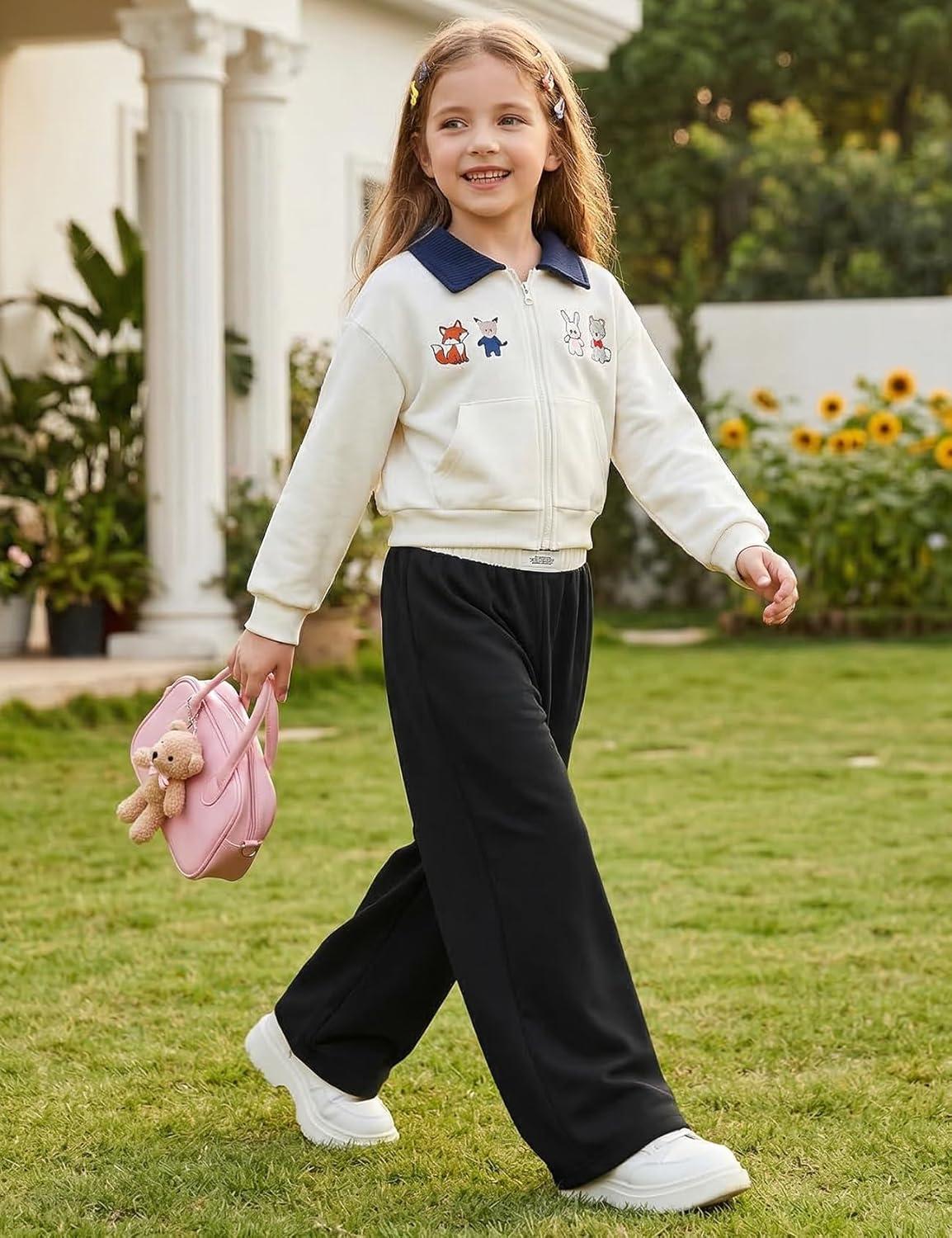 Arssm Girls Wide Leg Sweatpants Baggy Pants Letter Patched Elastic Waist Long Trousers Joggers(Black)