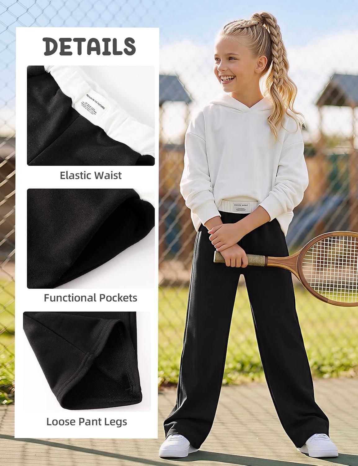 Arssm Girls Wide Leg Sweatpants Baggy Pants Letter Patched Elastic Waist Long Trousers Joggers(Black)