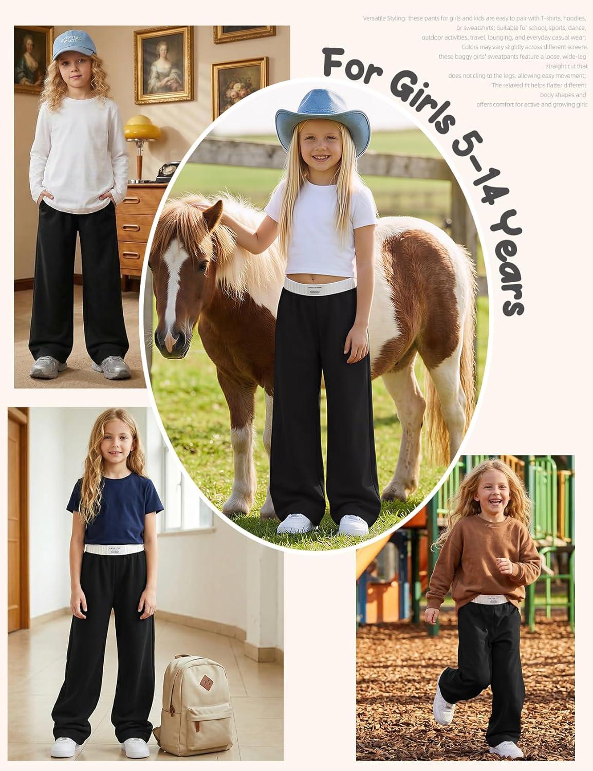 Arssm Girls Wide Leg Sweatpants Baggy Pants Letter Patched Elastic Waist Long Trousers Joggers(Black)
