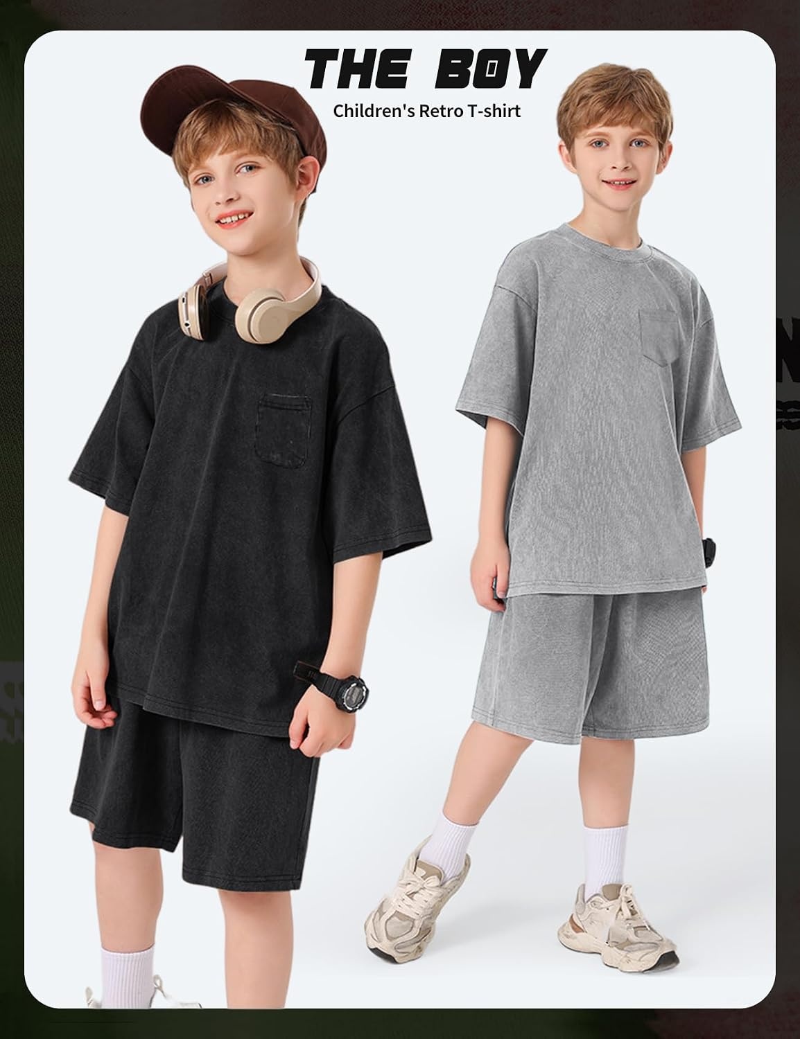 Arssm 3 Pack Boys Tshirts Kids Oversized T Shirts Cotton Acid Wash Crewneck Summer Basic Tees(Black+grey+apricot)