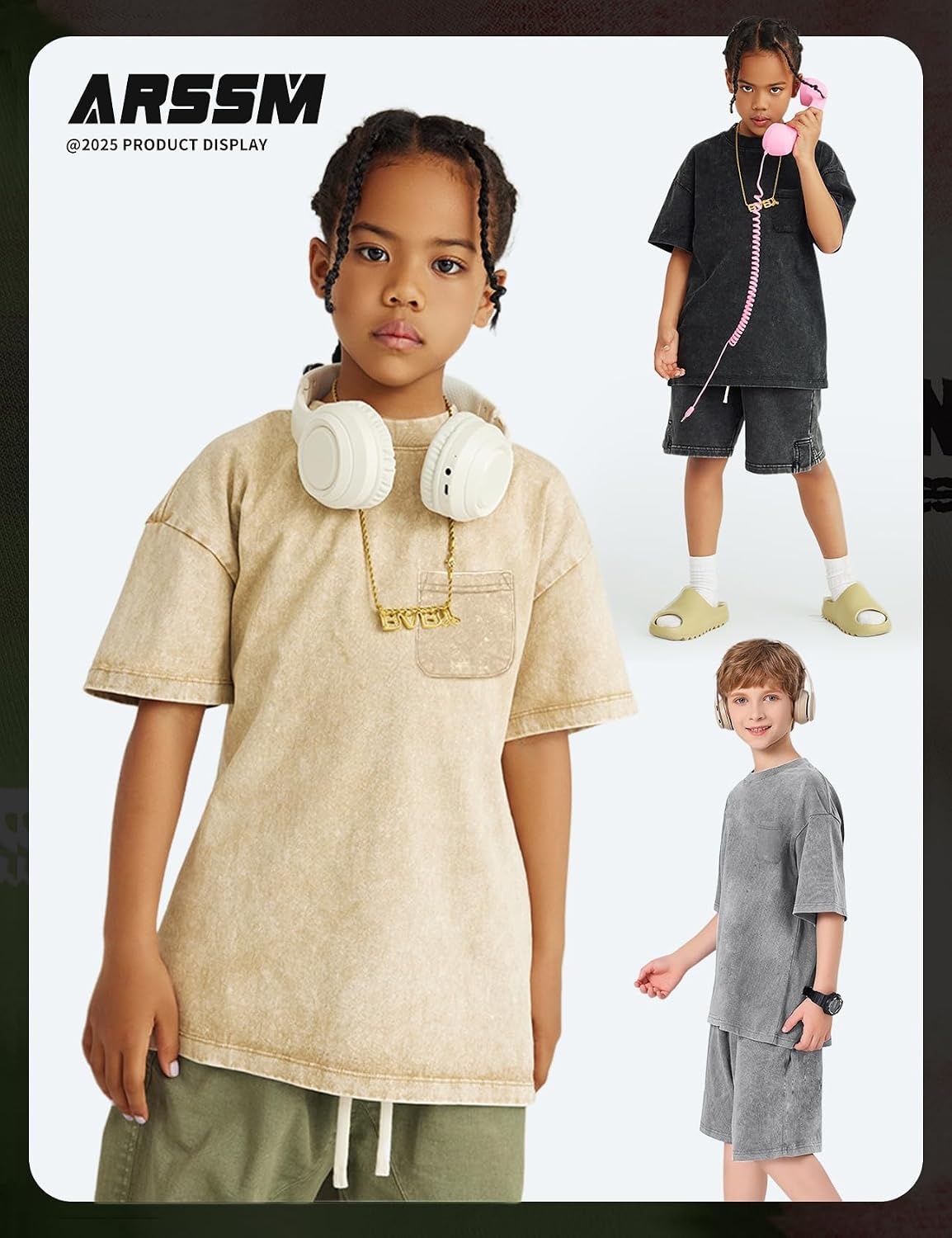 Arssm 3 Pack Boys Tshirts Kids Oversized T Shirts Cotton Acid Wash Crewneck Summer Basic Tees(Black+grey+apricot)
