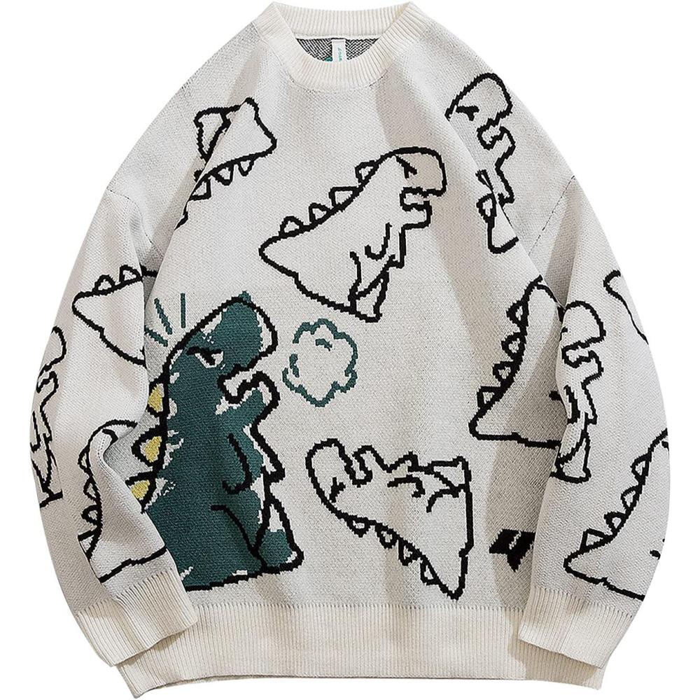 Arssm Dinosaur Sweater Women y2k Vintage Oversized Graphic Streetwear Knit Sweater Casual Cute Kawaii Tops(White)