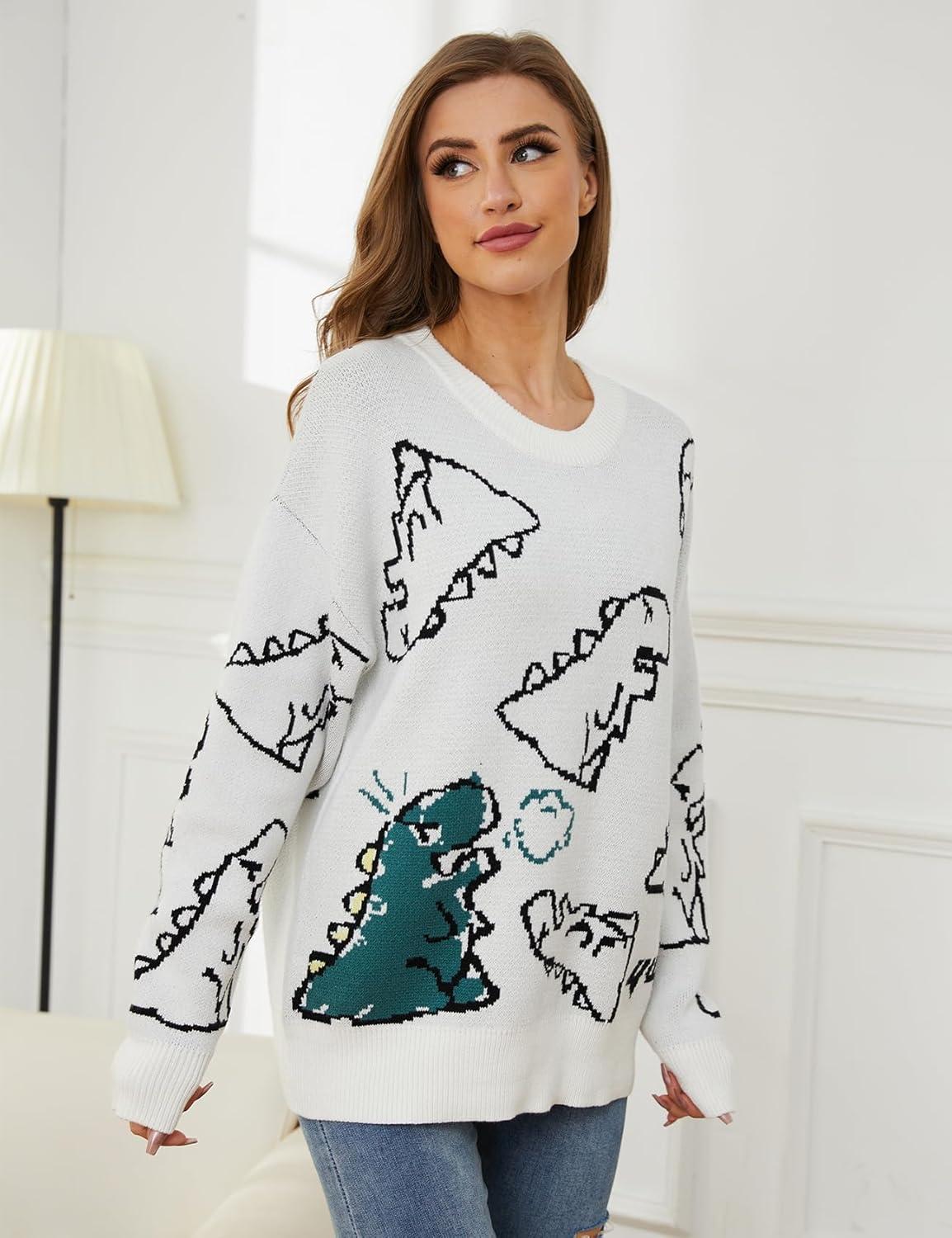 Arssm Dinosaur Sweater Women y2k Vintage Oversized Graphic Streetwear Knit Sweater Casual Cute Kawaii Tops(White)