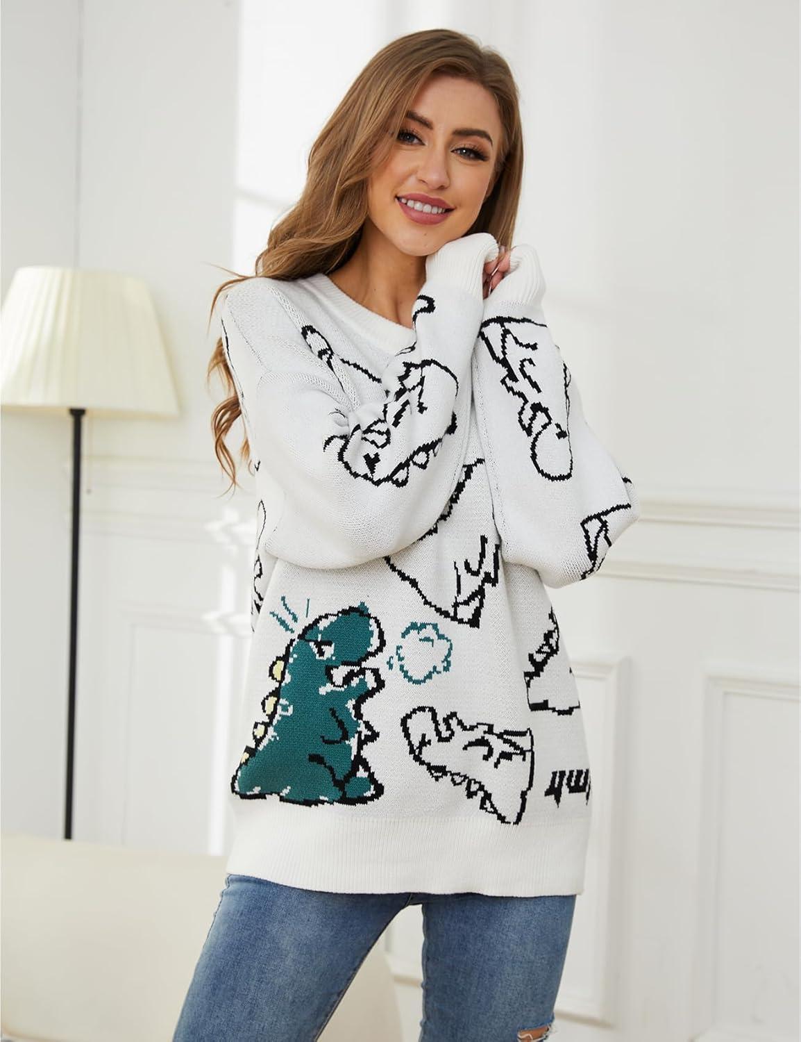 Arssm Dinosaur Sweater Women y2k Vintage Oversized Graphic Streetwear Knit Sweater Casual Cute Kawaii Tops(White)