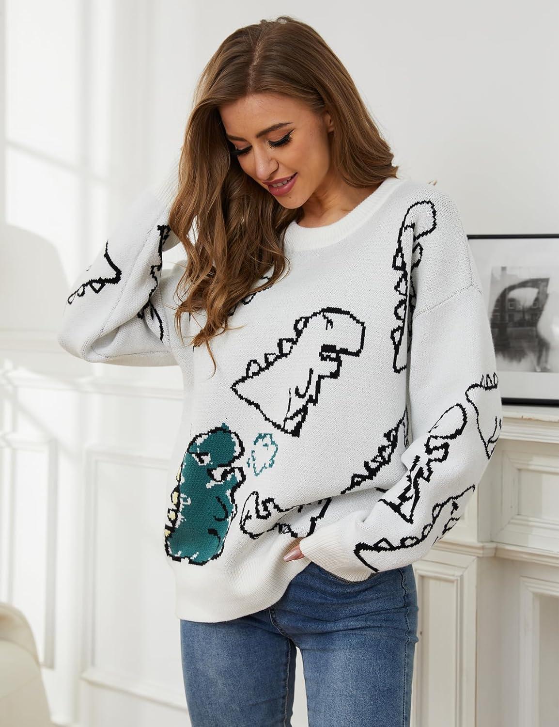 Arssm Dinosaur Sweater Women y2k Vintage Oversized Graphic Streetwear Knit Sweater Casual Cute Kawaii Tops(White)