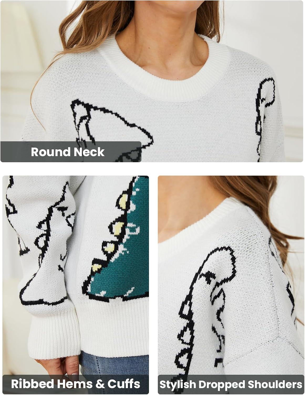 Arssm Dinosaur Sweater Women y2k Vintage Oversized Graphic Streetwear Knit Sweater Casual Cute Kawaii Tops(White)