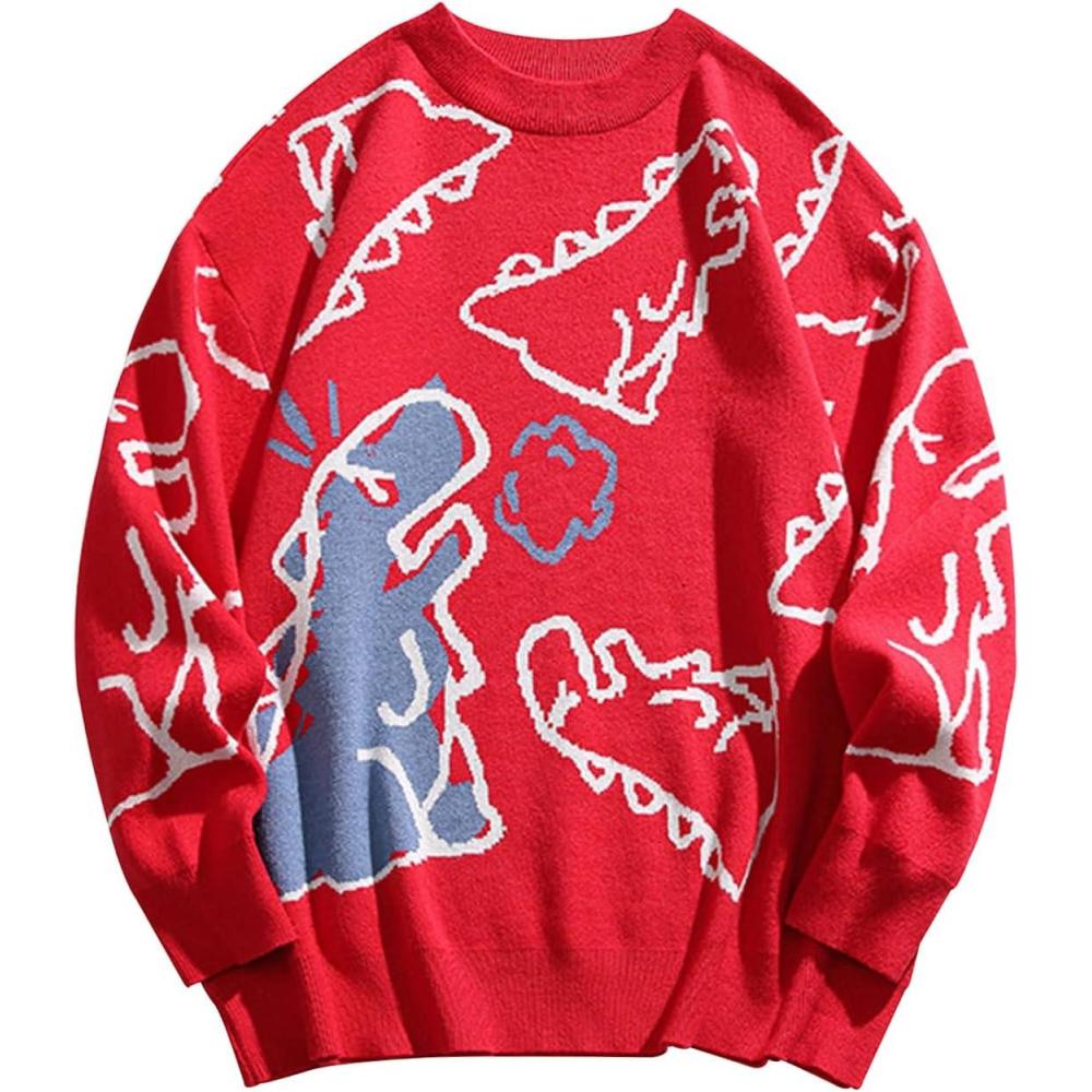 Arssm Dinosaur Sweater Women y2k Vintage Oversized Graphic Streetwear Knit Sweater Casual Cute Kawaii Tops(Red)