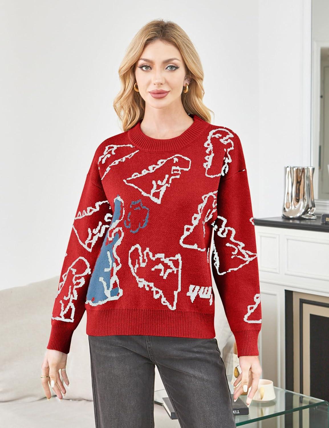Arssm Dinosaur Sweater Women y2k Vintage Oversized Graphic Streetwear Knit Sweater Casual Cute Kawaii Tops(Red)